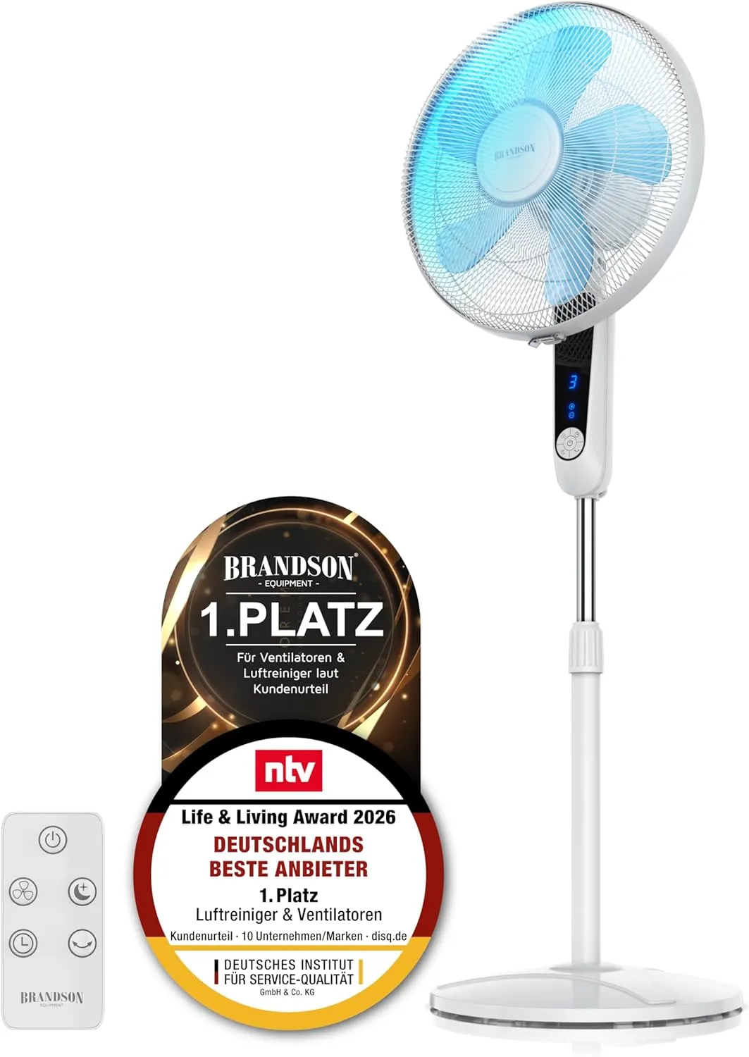 Brandson Floor Fan with Remote Control and Display Oscillation, 80 Degrees, 60 Watt, Fan Height Adjustable, 115 - 134 c…
