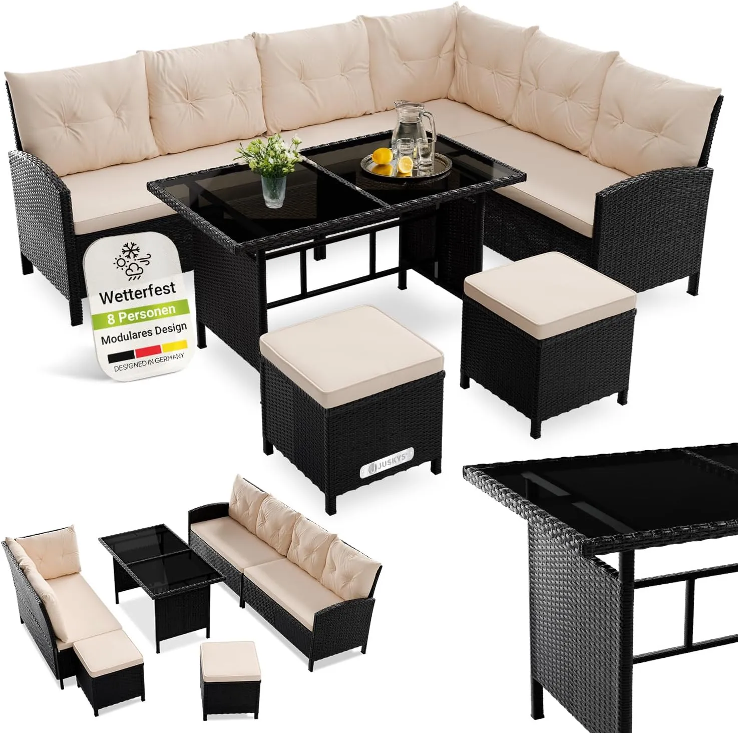 Juskys Polyrattan Lounge Manacor mit Ecksofa, Esstisch, 2 Hocker & Kissen - wetterfest bis 7 Personen - Bezüge waschbar…