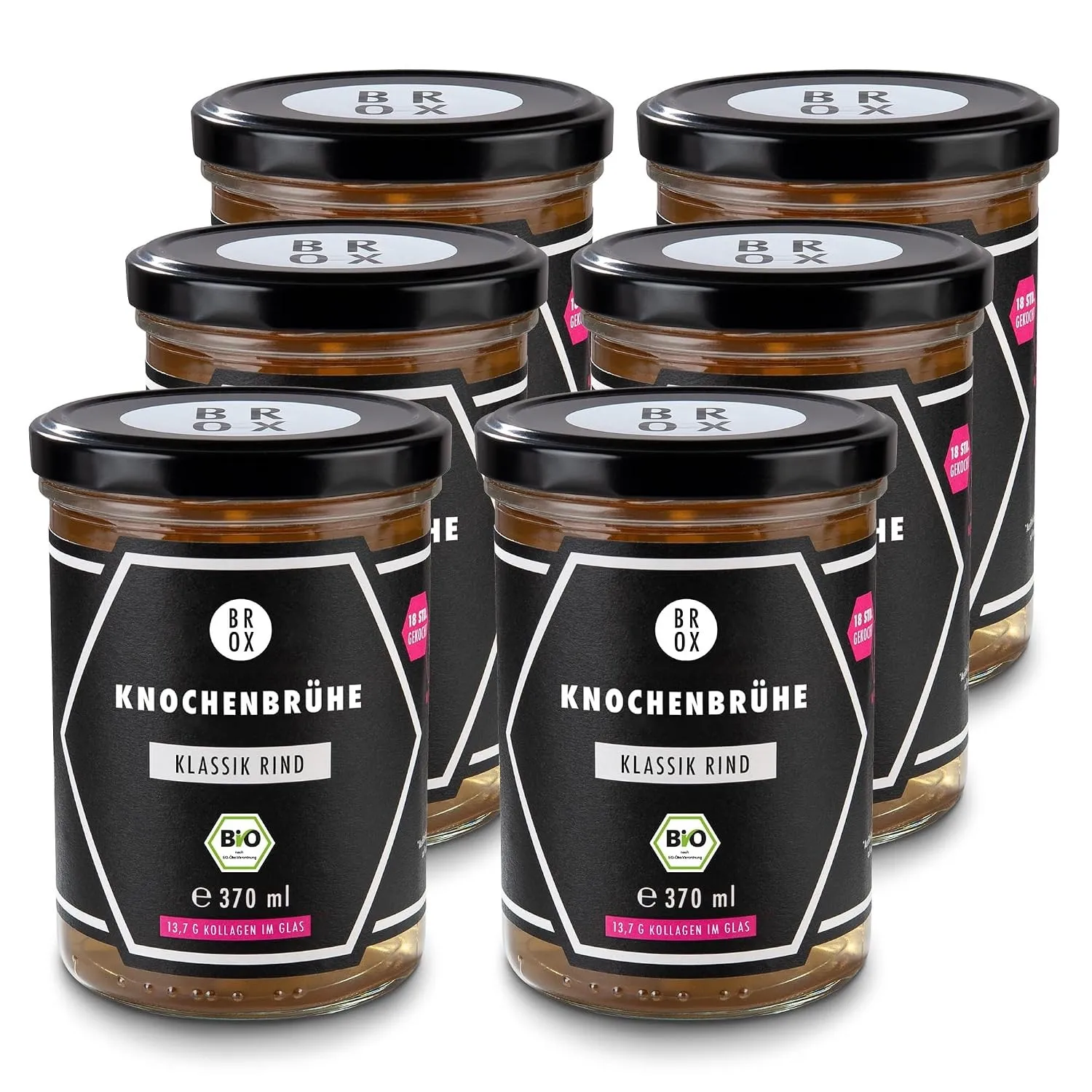 BROX Knochenbrühe Rind Bio [6x370ml] – 24 Std. gekocht, Deutschland – Kollagen & Aminosäuren – Rinderbrühe aus Weidehal…