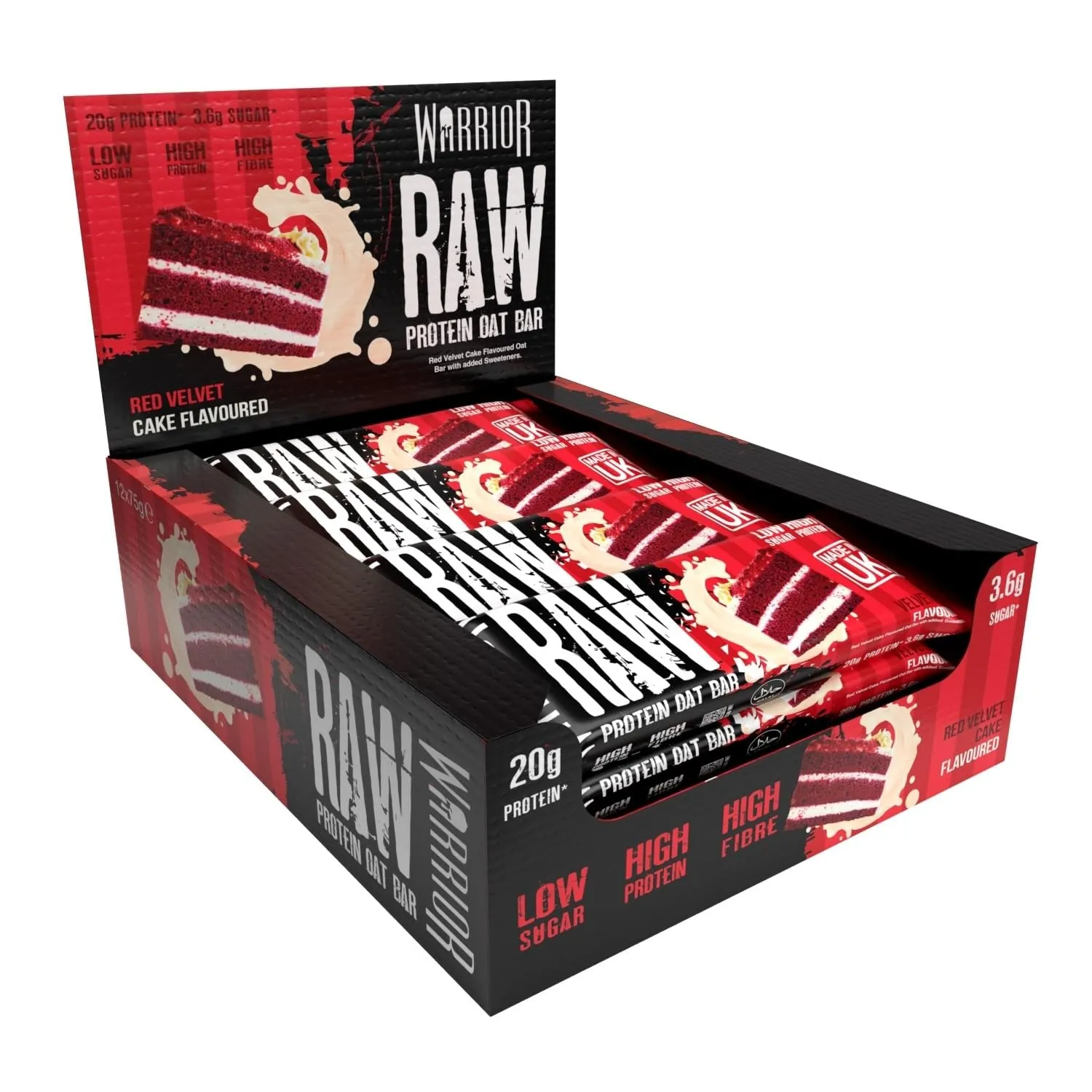 Warrior Raw Proteinriegel 12 x 75 g – Red Velvet Kuchen 12 Riegel, ballaststoffreich, mit Protein & Hafer, als Snack od…