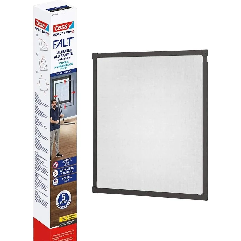 tesa Insect Stop FALT Fliegengitter Fenster - 80-140 cm - Anthrazit | Teleskopierbarer Premium Alu-Rahmen - Montage ohn…