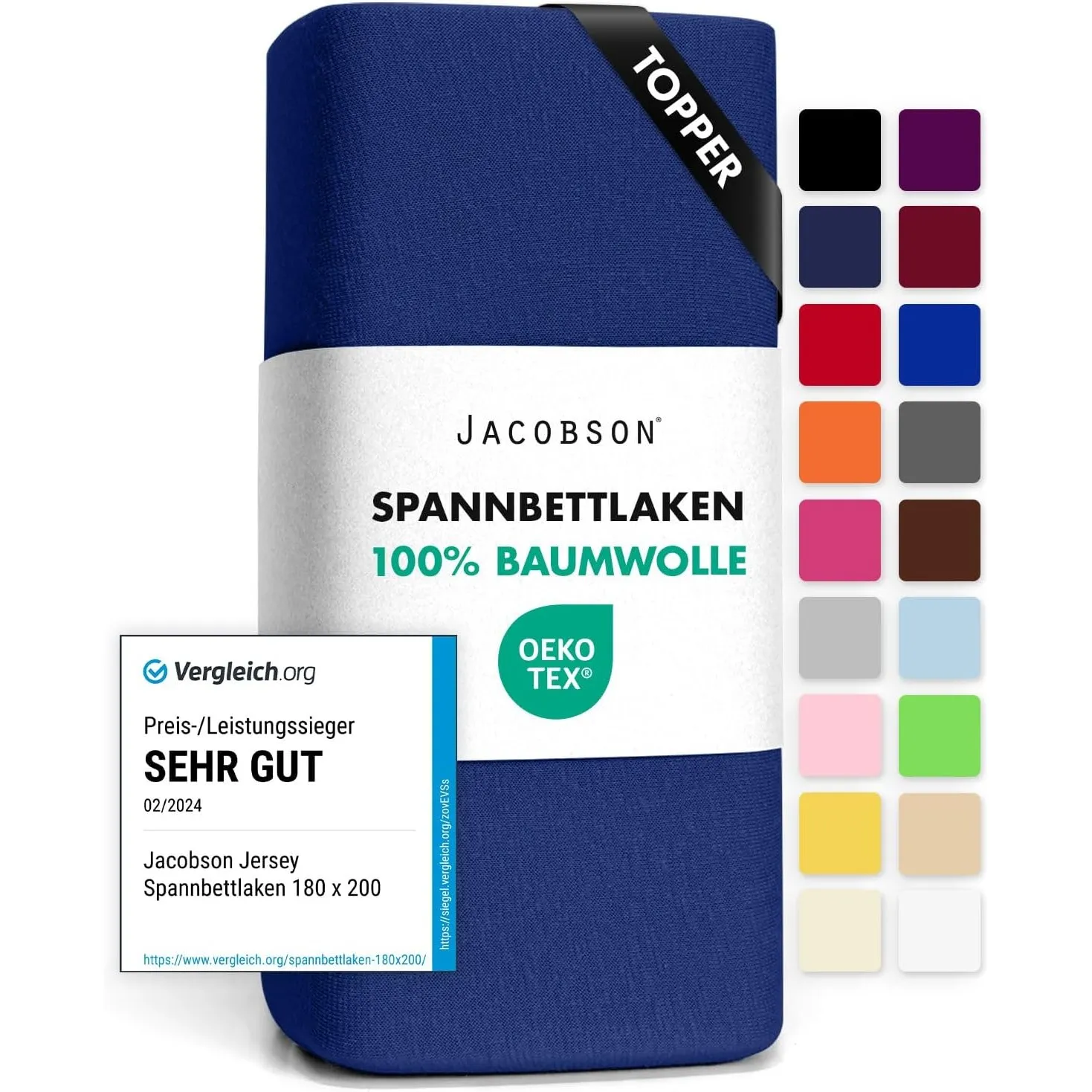 Jacobson Jersey Spannbettlaken Spannbetttuch Baumwolle Bettlaken (Topper 140-160x200 cm, Royal Blau)