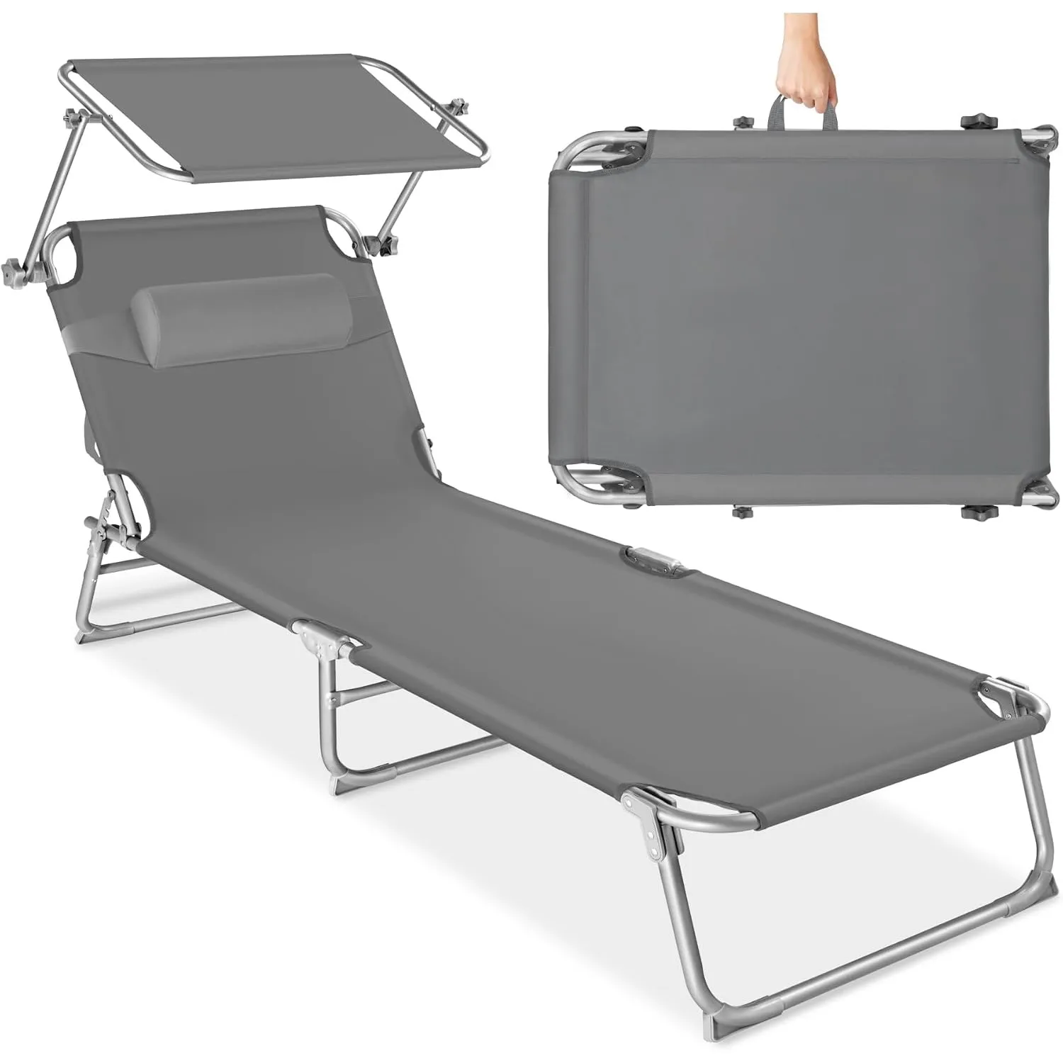 tectake® Sonnenliege mit Dach, Strandliege klappbar, leichte Gartenliege, Outdoor Liegestuhl mit Verstellbarer Rückenle…