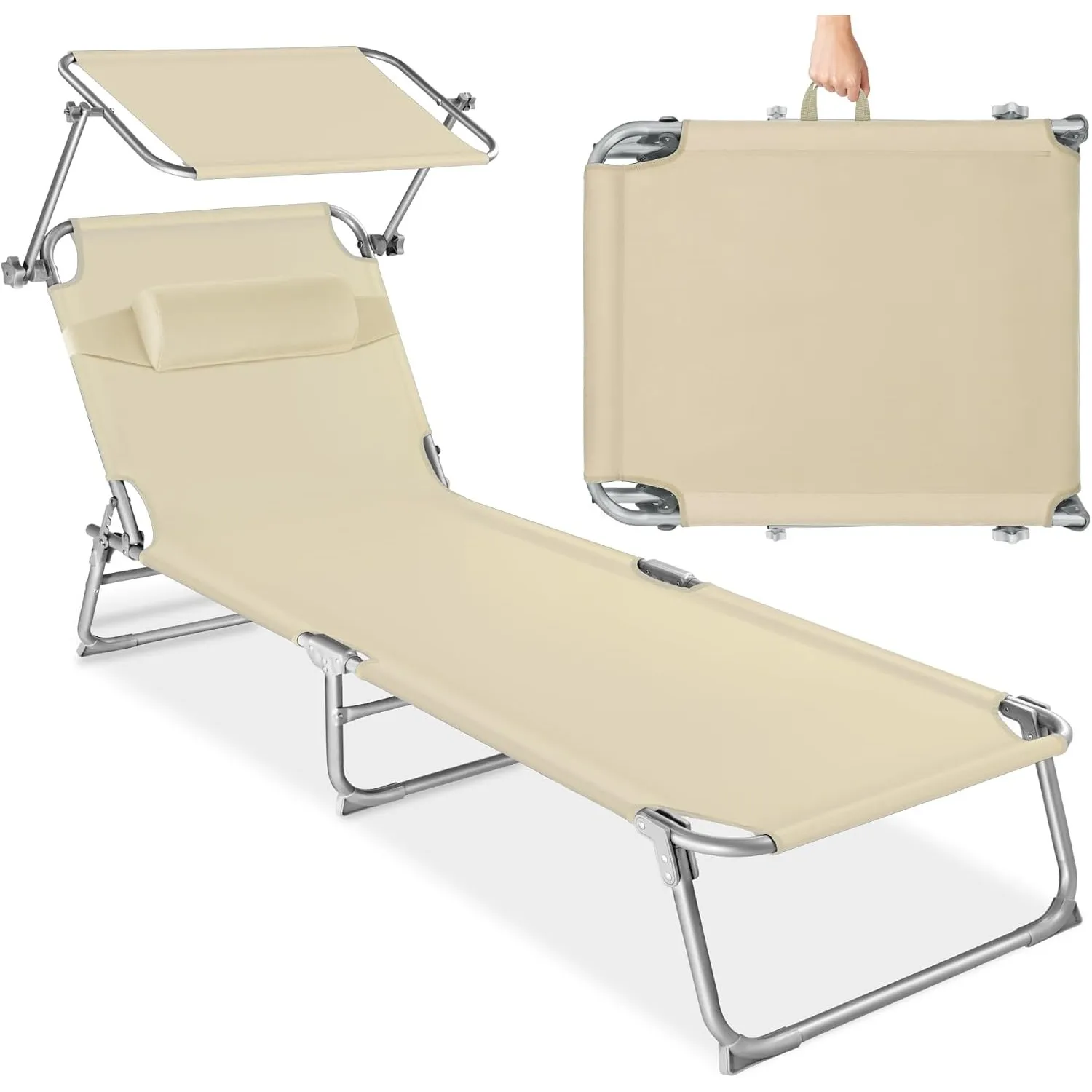 tectake® Sonnenliege mit Dach, Strandliege klappbar, leichte Gartenliege, Outdoor Liegestuhl mit Verstellbarer Rückenle…