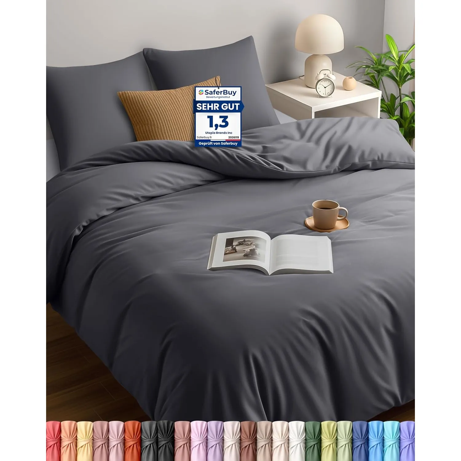 Utopia Bedding Bettwäsche 220x240 cm + 2 Kissenbezüge 65x65 cm, Grau | Bettbezug Mikrofaser mit Reißverschluss, Oeko-TE…
