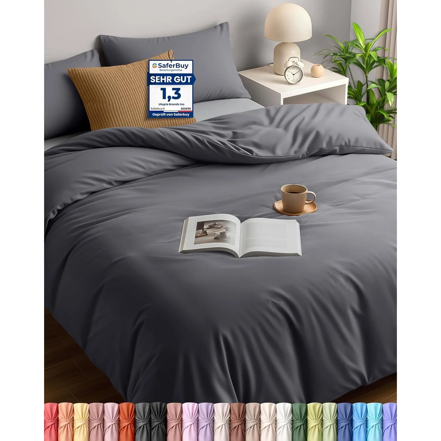 Utopia Bedding Bettwäsche Set - Mikrofaser Bettbezug 260x220 cm + 2 Kissenbezüge 50x75 cm - Grau