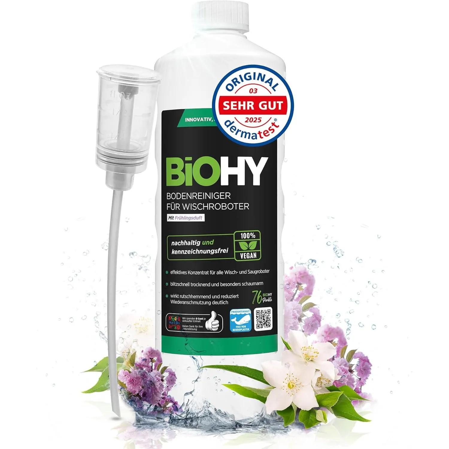 BiOHY Bodenreiniger für alle Wischroboter mit Frühlingsduft (1l Flasche) + Dosierer | Schaumarm & Streifenfrei | Reinig…