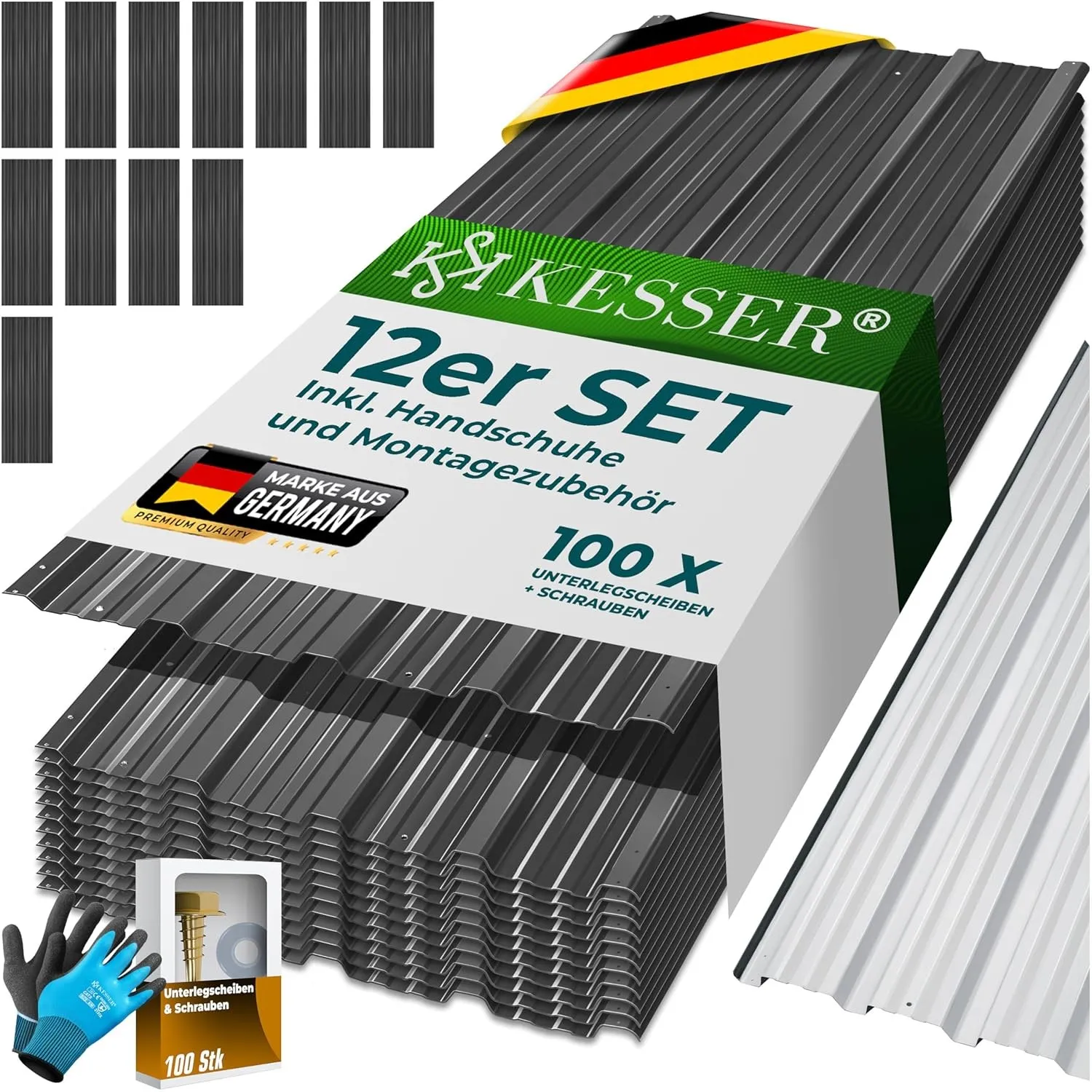 KESSER® 12 Stück Trapezblech Profilblech Set 129x45cm, 7 m² Dachblech verzinkter Stahl 0,25mm, Dachplatten für Geräteha…