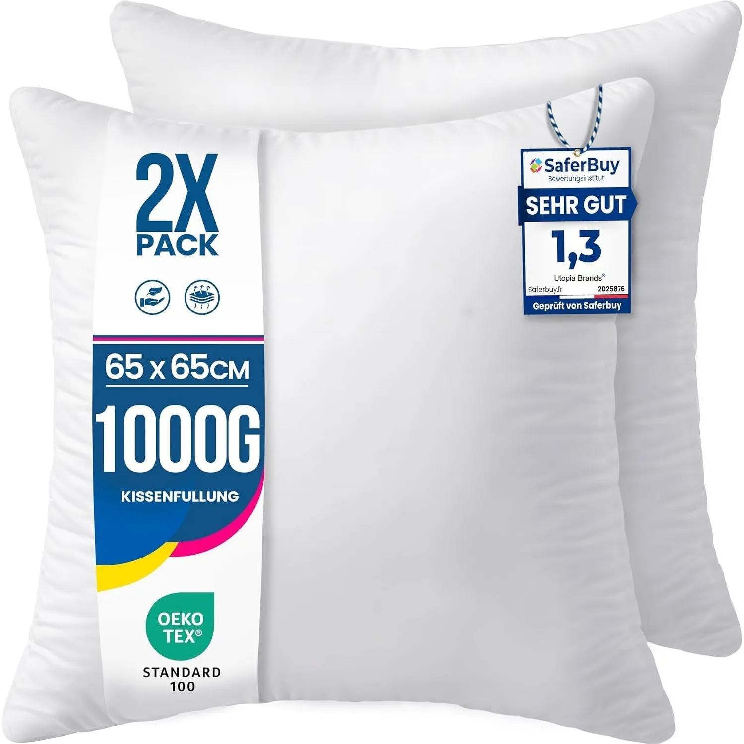 Utopia Bedding Kissenfüllung 65x65 2er Set Innenkissen Kissen Sofakissen | Weiß Mikrofaserbezug mit weicher Polyesterfü…