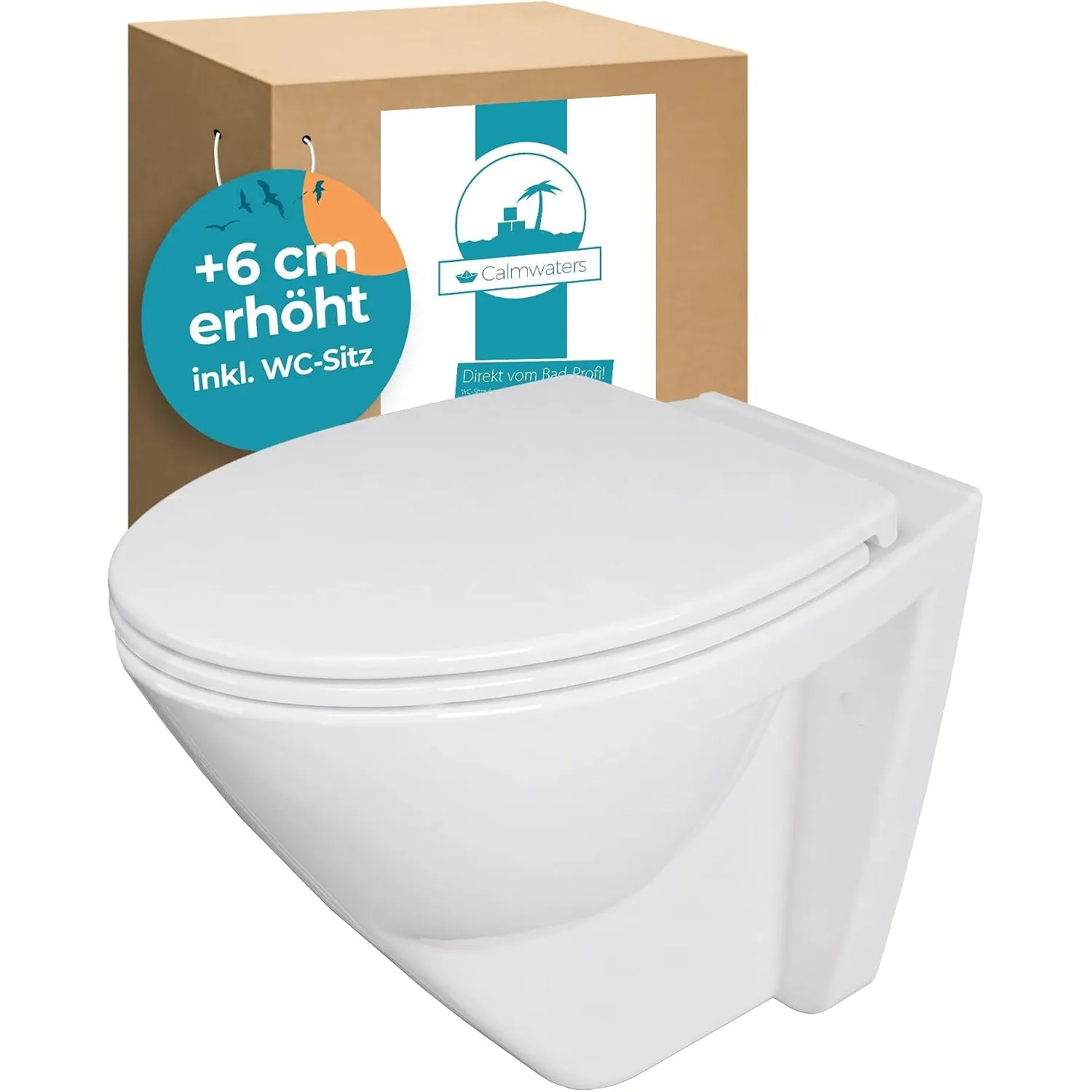 Calmwaters® Erhöhtes Wand WC spülrandlos Modern Plus mit Toilettendeckel, +6 cm Erhöhung, erhöhte Toilette inkl. abnehm…