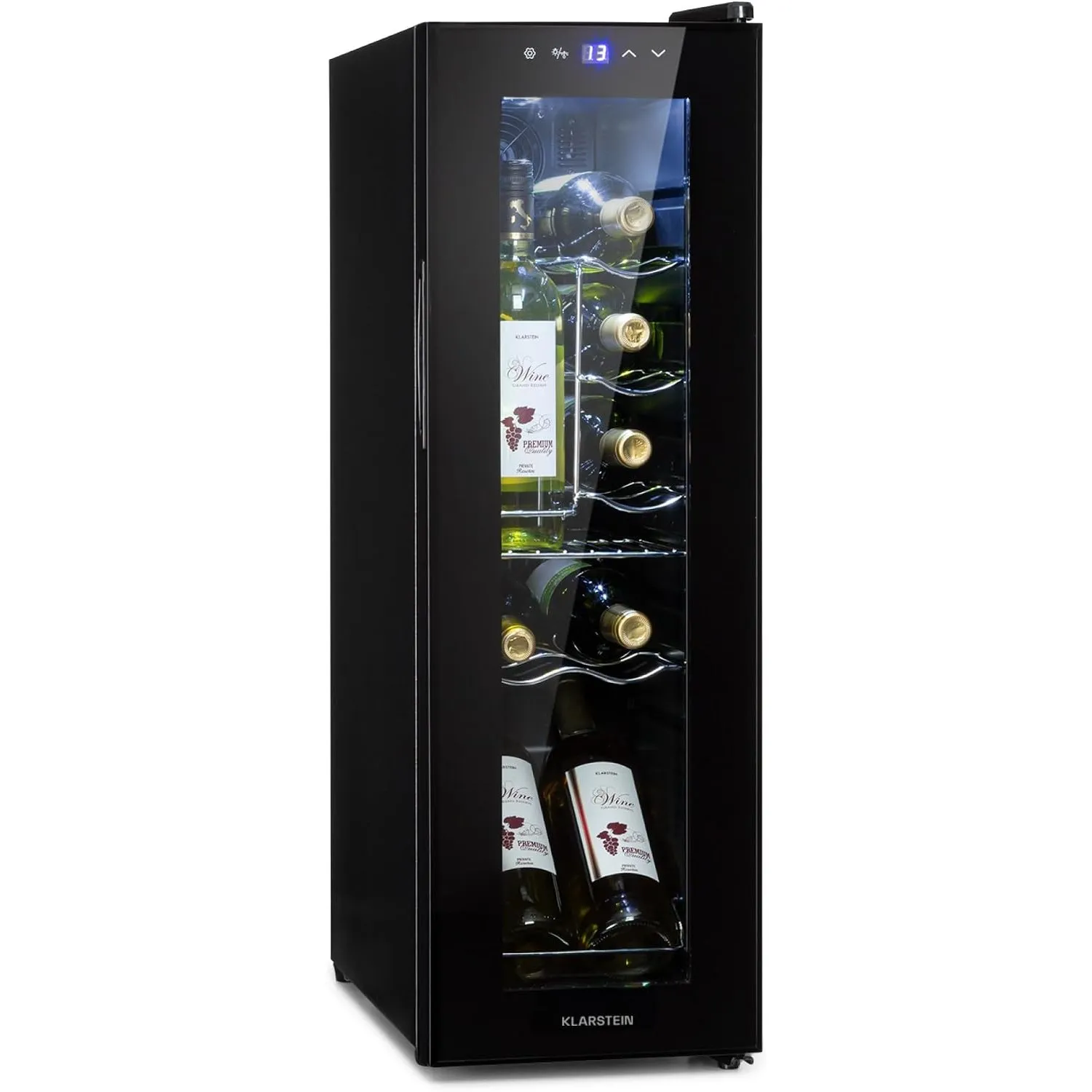 Klarstein Shiraz Weinkühlschrank Schwarz – 12 Flaschen, 32 L, 1 Zone | Getränkekühlschrank mit Glastür, freistehend, le…
