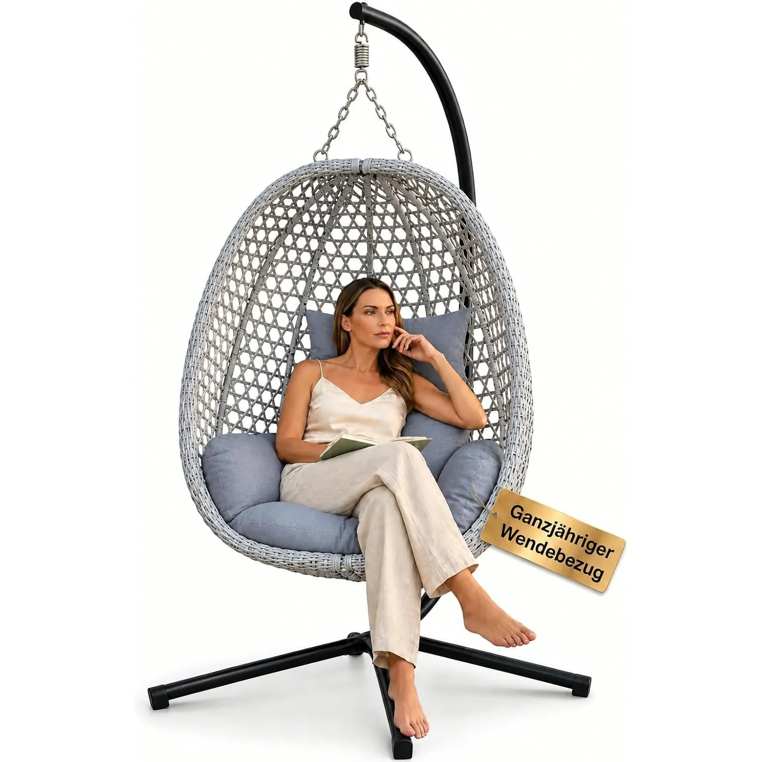 Luxus Hängesessel mit Gestell für Outdoor & Indoor – Ganzjähriger Loungesessel mit Sommer-/Winter-Wendebezug, bis 150 k…