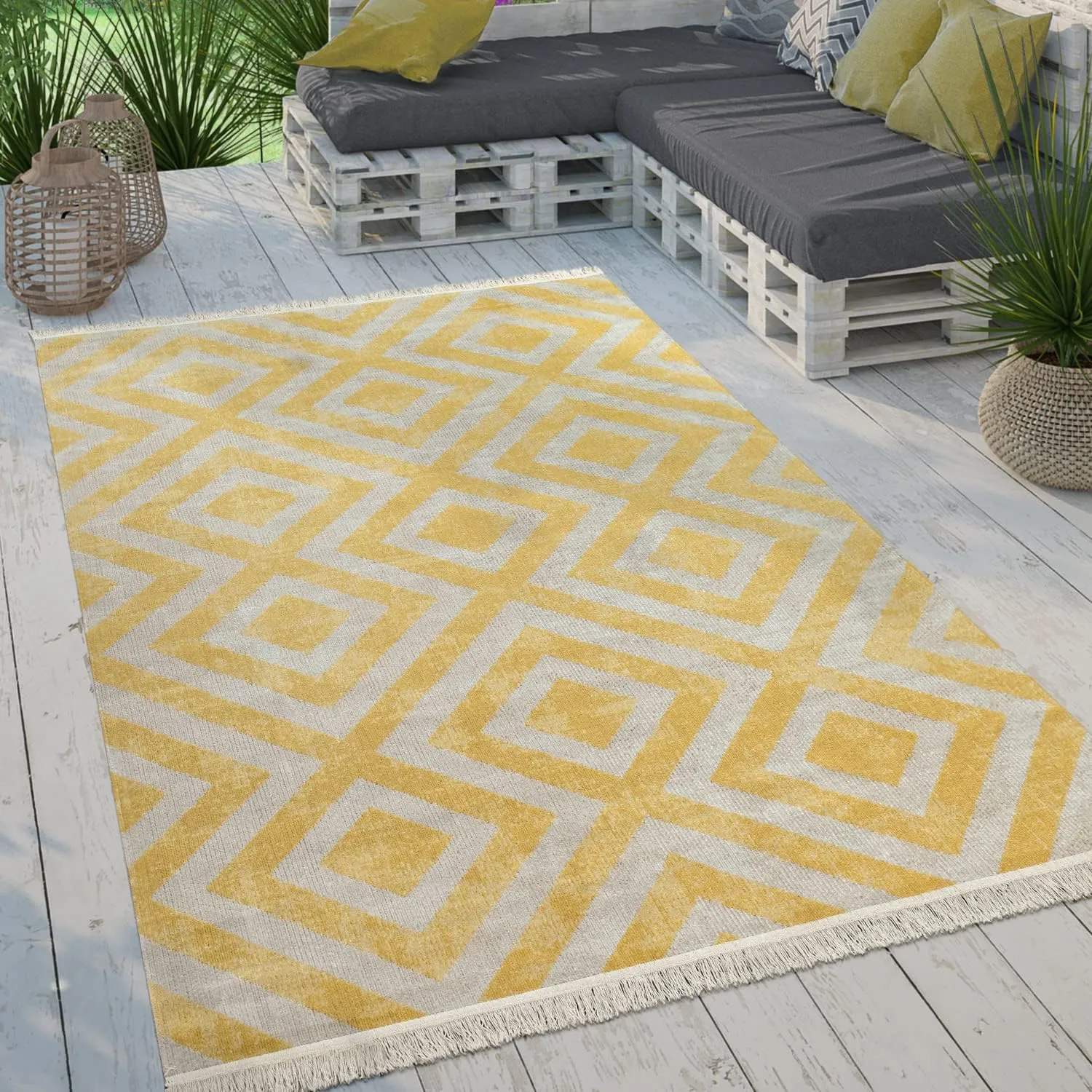 Paco Home Indoor and Outdoor Rug Flat Weave with Modern Diamond Pattern for Patio and Balcony, yellow-white, 80x150 cm
