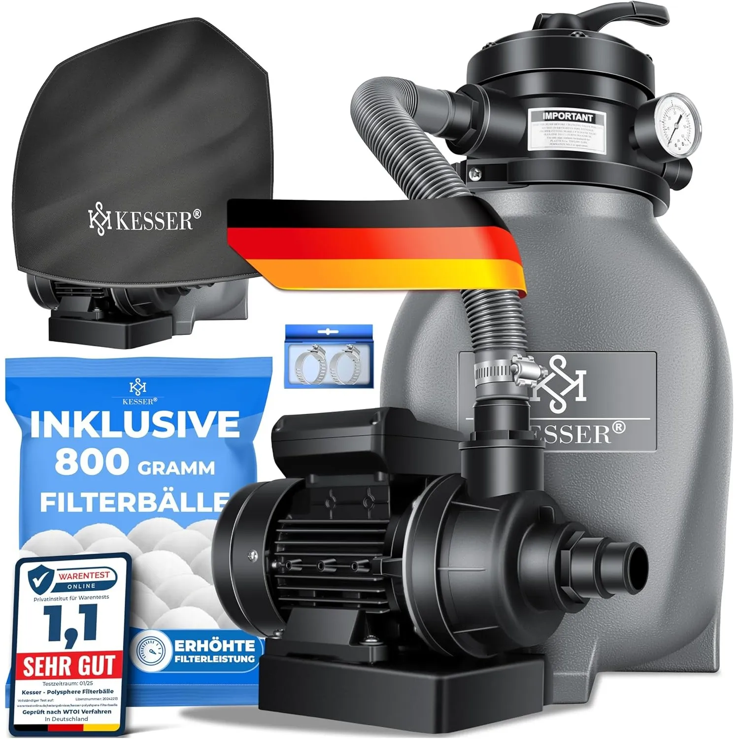 KESSER® Sandfilter Sandfilteranlage + 800g Filterbälle ersetzen 25kg Filtersand-Poolfilter 10 m³/h Filteranlage Filterk…