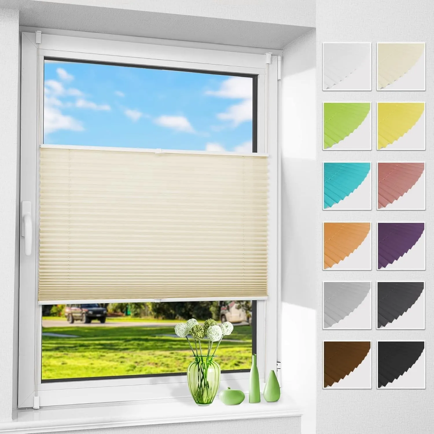 Allesin Plissee ohne Bohren Plissees Klemmfix Beige 90x180cm(BxH), Plisseerollo Faltrollo mit Klemmträger, Jalousie Rol…