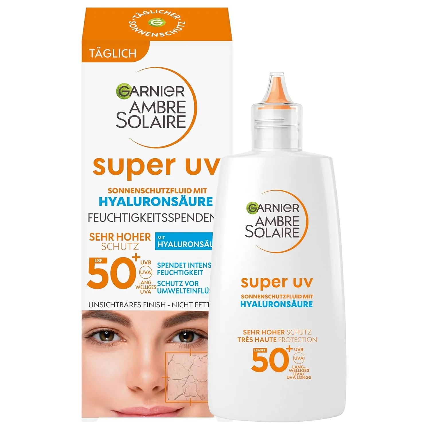 Garnier Ambre Solaire LSF 50+ Super UV Fluid Sonnenschutz, Sonnencreme mit Hyaluronsäure, ultraleichte & mattierende Fo…