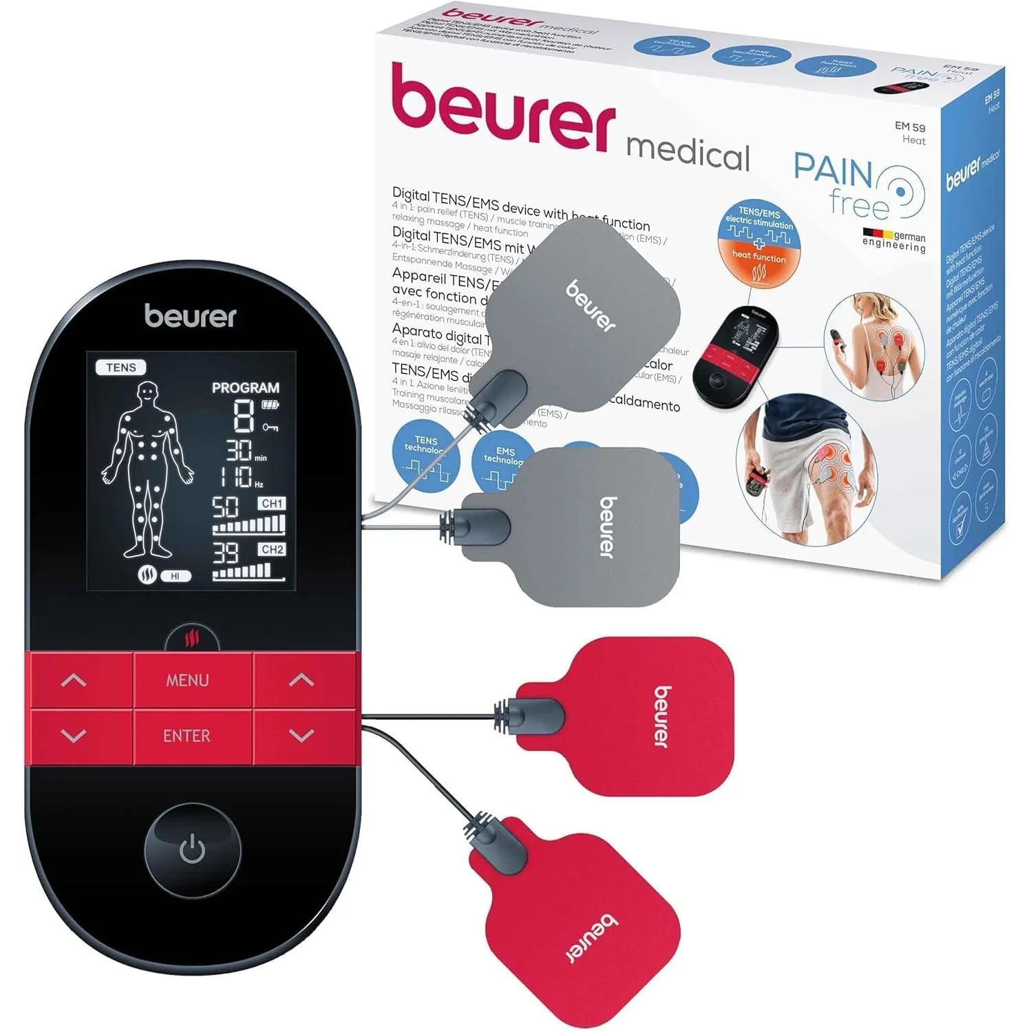 Beurer EM 59 Heat digitales TENS / EMS Gerät, 4-in-1 Reizstromgerät zur Schmerztherapie, Muskelstimulation, Massage und…
