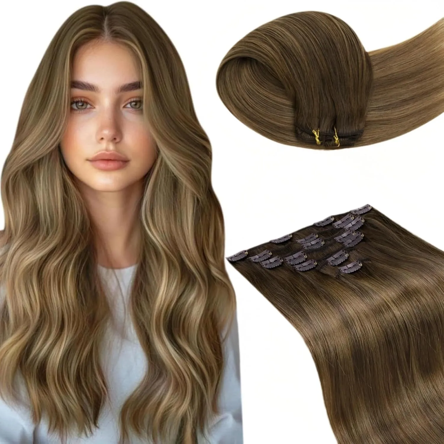 LaaVoo Echthaar Extensions Clip Aschiges Hellbraun mit Beigenuancen Clip in Extensions Echthaar fur Kompeltte 45cm 120g…