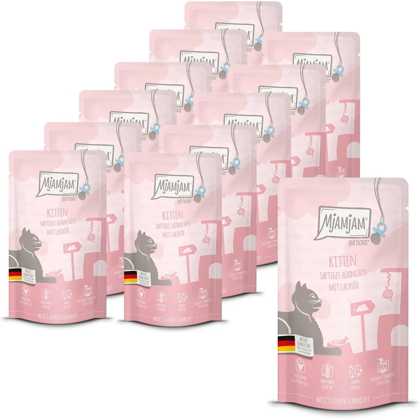 MjAMjAM - Premium Nassfutter für Katzen - Quetschie - Kitten saftiges Hühnchen mit Lachsöl, 12er Pack (12 x 125 g), get…