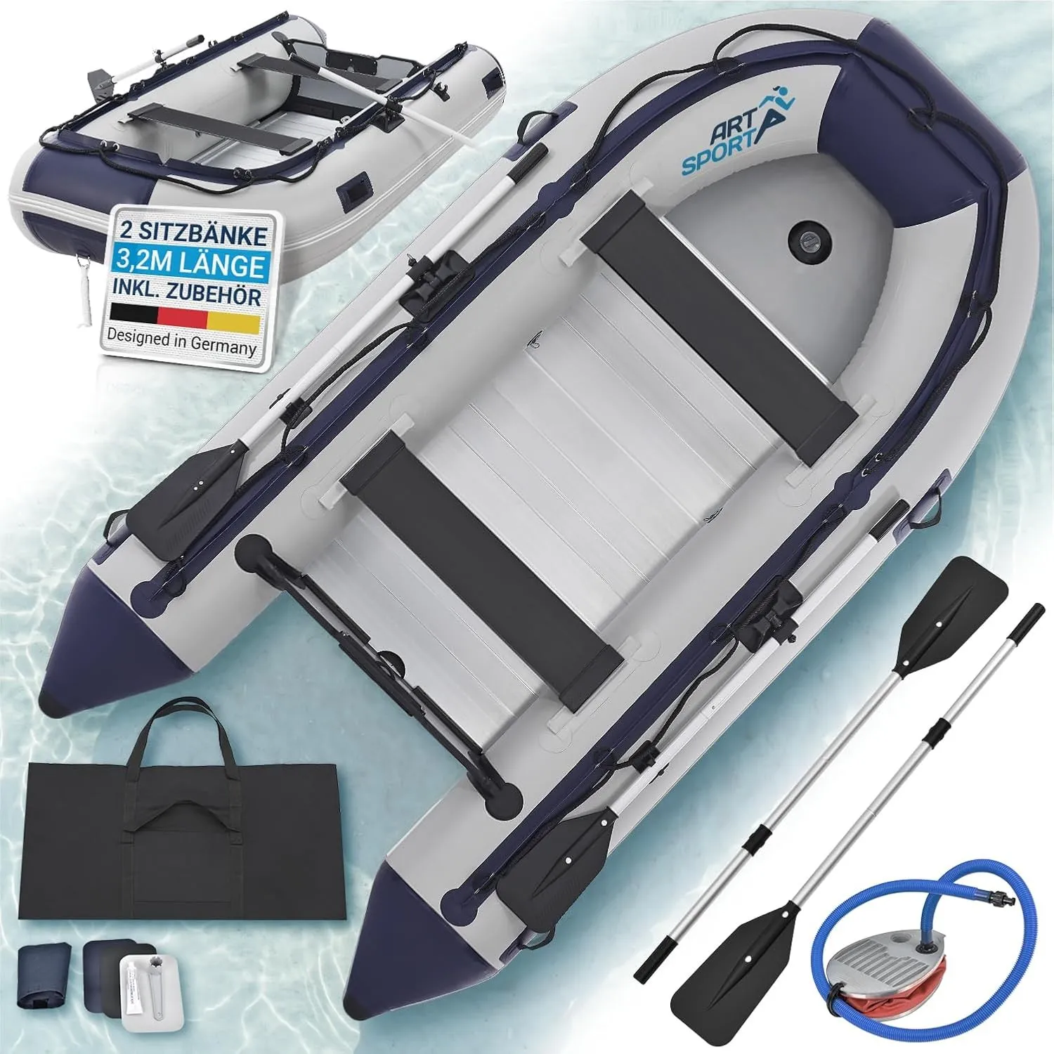 ArtSport Schlauchboot 3,20 m für 4 Personen mit 2 Sitzbänke & Aluboden - Paddelboot mit Paddel, Pumpe, Tasche & Reparat…