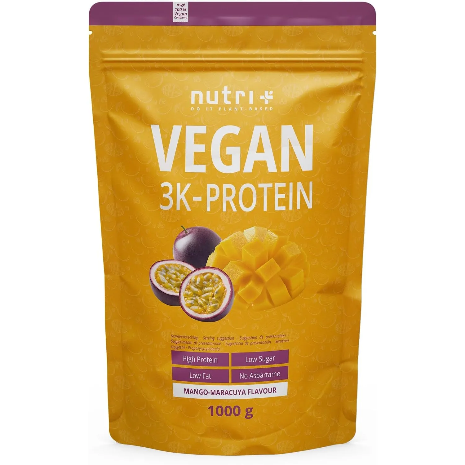 Nutri + Proteinpulver Vegan Mango & Maracuja 1 kg - 82% Eiweiß - 3k plant-based Eiweißpulver - Veganes Protein Pulver 1…