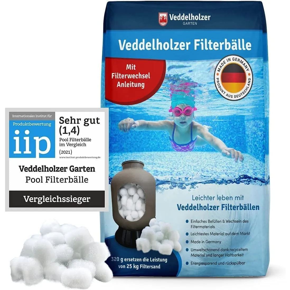 Veddelholzer Pool Filterbälle leichtestes Material für Beste Leistung ersetzt 25kg Filtersand Quarzsand aus Deutschland…