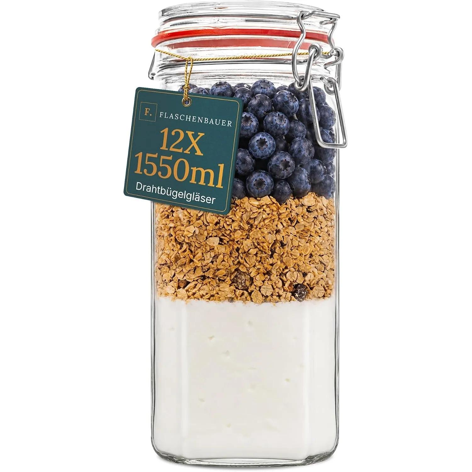 Flaschenbauer - 12er Set Drahtbügelgläser 1550ml - Einmachgläser mit Bügelverschluss inkl. Etiketten - Vorratsglas, Büg…