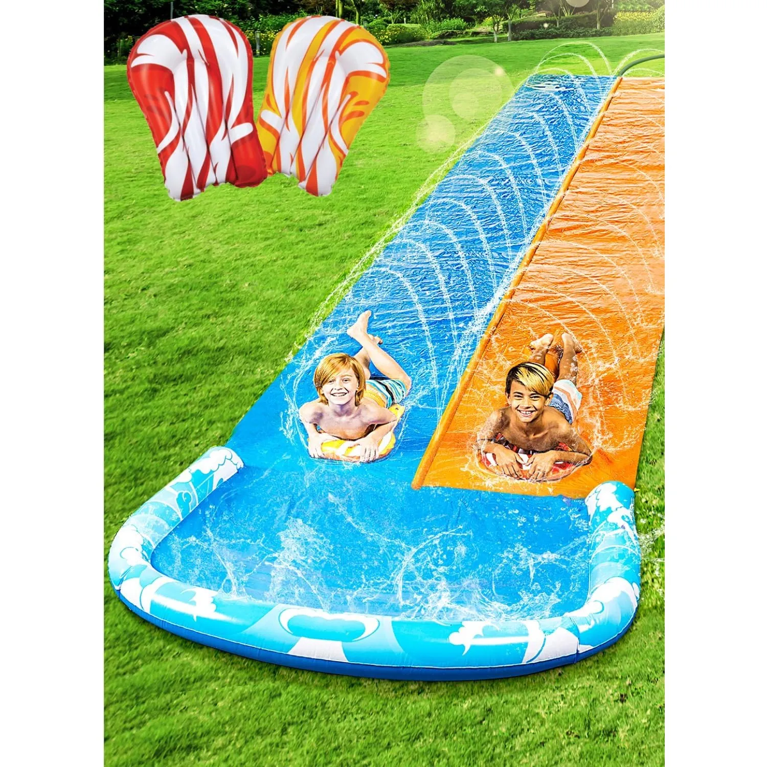 JOYIN 685 cm Rutsche und Wasserrutsche mit 2 Bodyboards, Rasen-Wasserrutsche mit eingebautem Sprinkler für Sommer-Wasse…
