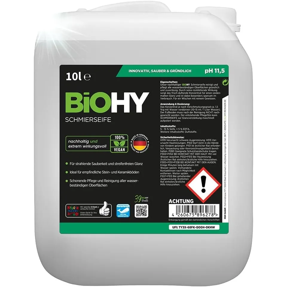 BiOHY Schmierseife (10 Liter Kanister) | Bodenreiniger Konzentrat – Wischpflege für Holz, Parkett & Fliesen | Rückfette…