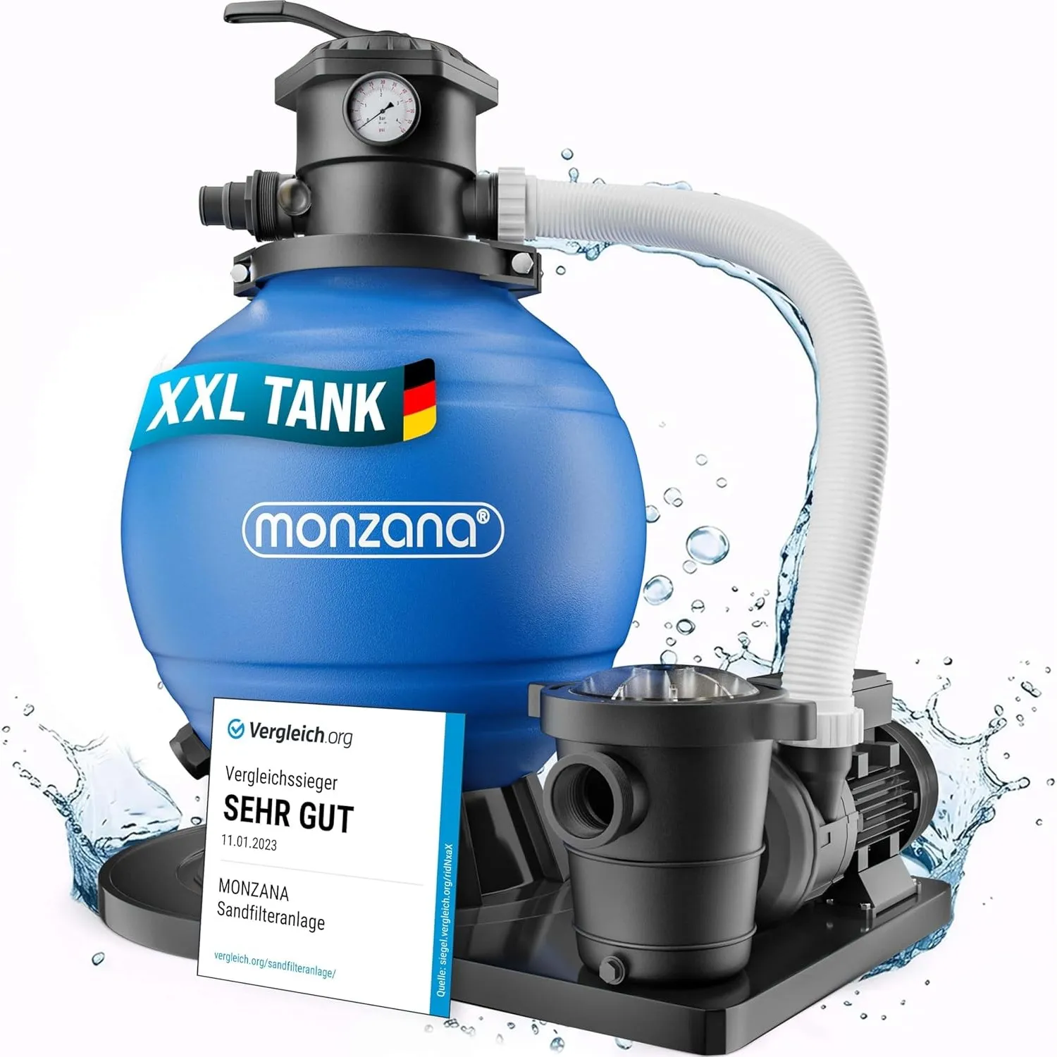 MONZANA® Sandfilteranlage SF159 15.900L/h für Pools bis 70000L 7 Wege Ventil 2in1 Adapter Ø32-38mm 600Watt Filteranlage…
