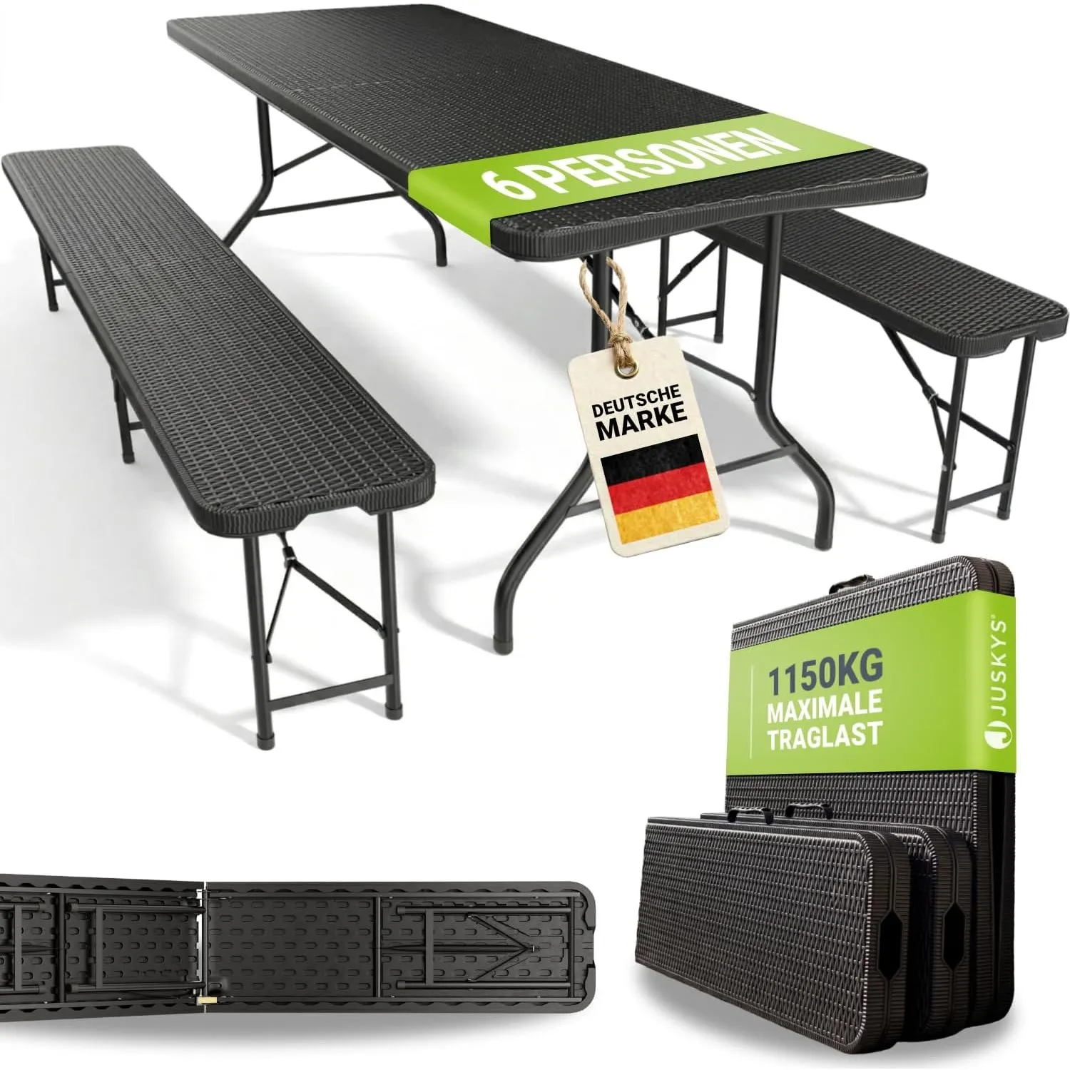Juskys Bierzeltgarnitur Amberg 3-teilig & klappbar - 180 x 74 x 74-2 Bierbänke & Biertisch in Rattan-Optik Gartenmöbel-…