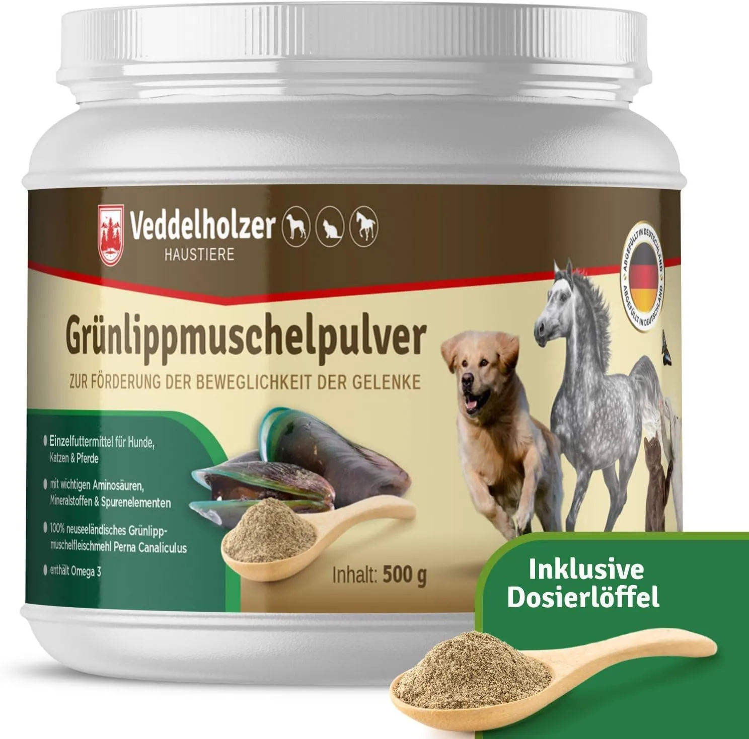 Veddelholzer Natürliches Grünlippmuschelpulver Hund - 500g Grünlippmuschel für Hunde hochwertige Nahrungsergänzung - Gr…