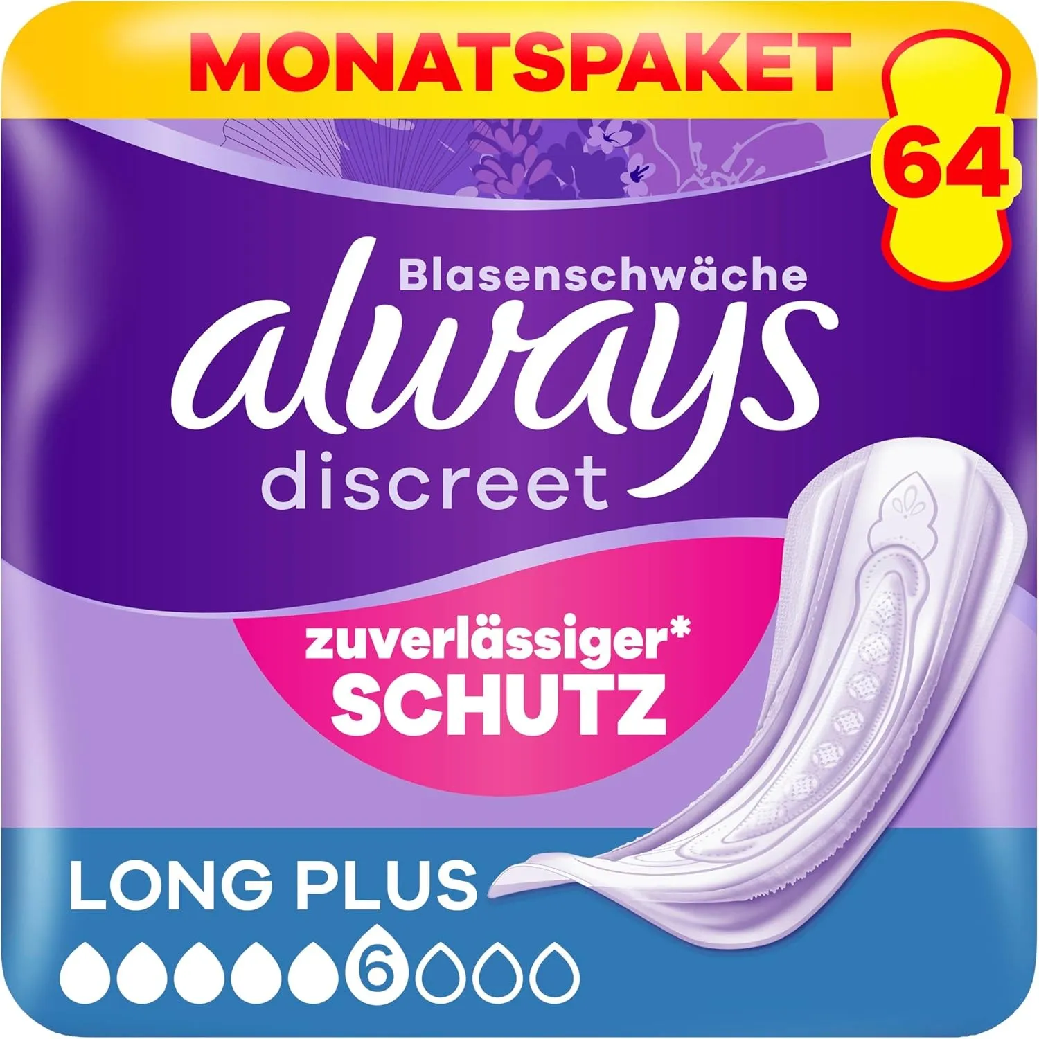 Always Discreet Inkontinenz-Einlagen Long Plus Monatspaket bei Blasenschwäche, 64 Einlagen (8 Packungen x 8 Stück)