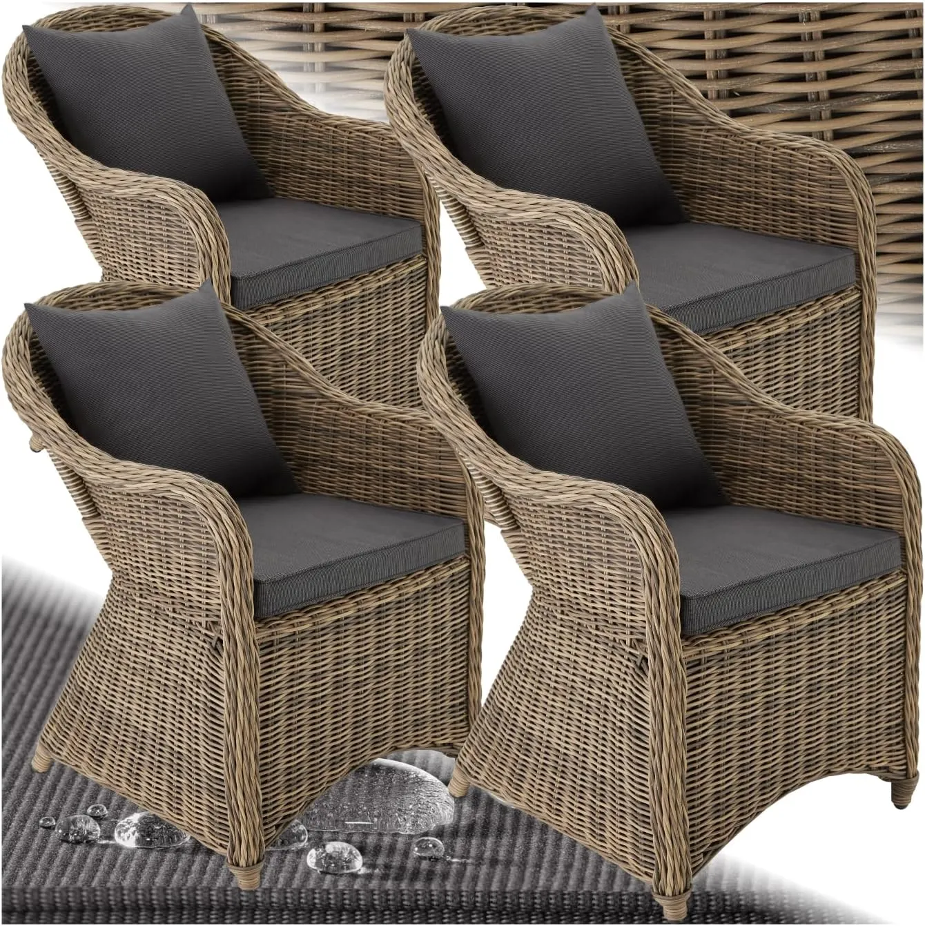 tectake® 4er Set Rattansessel, Polyrattan Gartenstühle mit Aluminiumgestell, Outdoor Korbsessel mit weichen Sitzpolster…