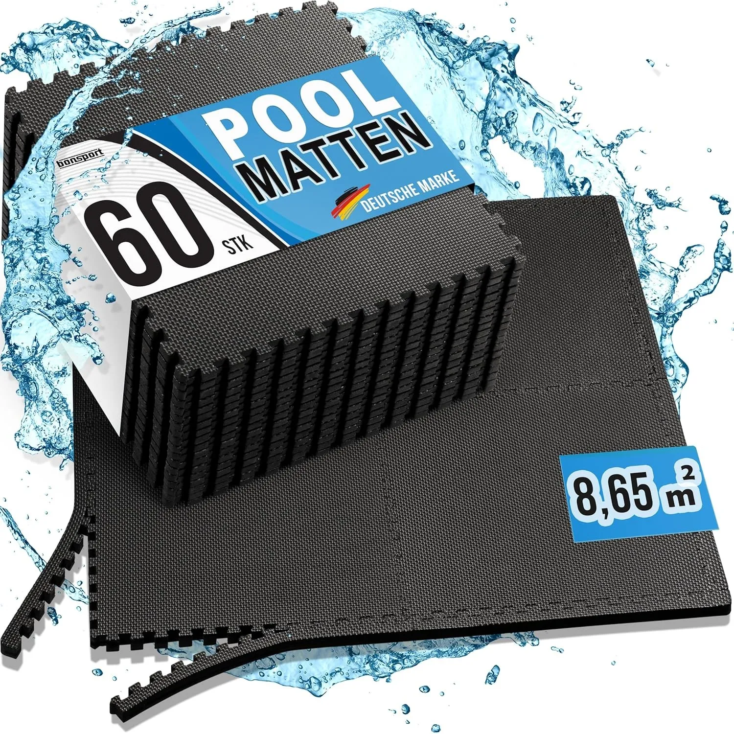 bonsport Pool Unterlegmatte Poolmatte 60 Stück - INKL. GRATIS KESCHER 185cm - Bodenschutz Matte für den Pool/Planschbec…
