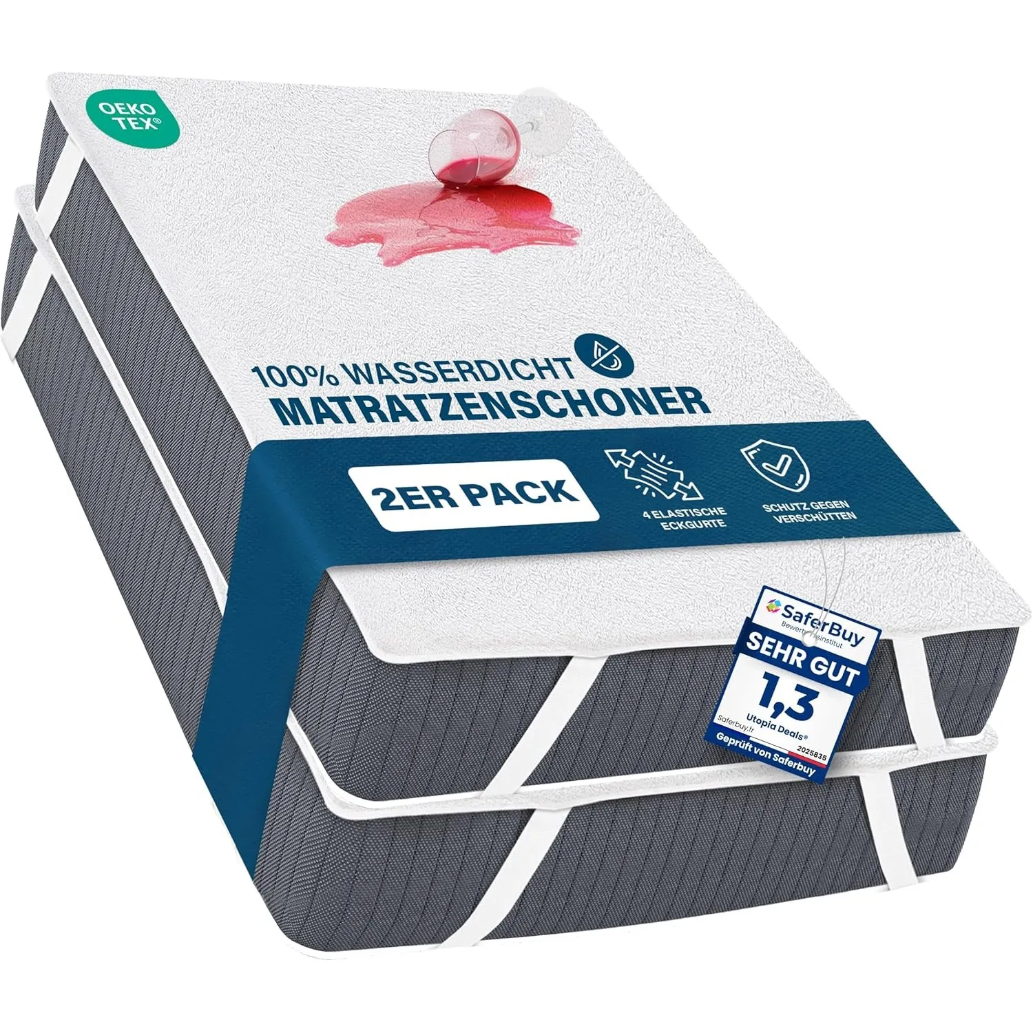 Wasserdichter Matratzenschoner, 140x200 cm (2er Pack), mit 4 Eckbändern
