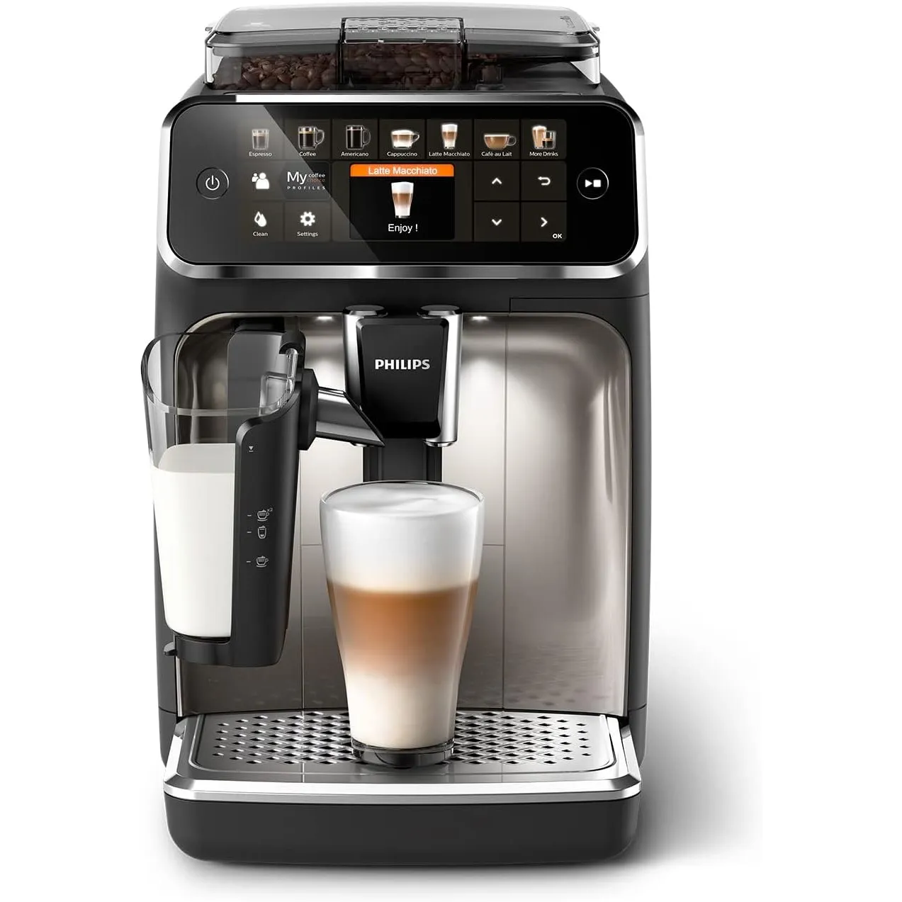 PHILIPS Serie 5400 Kaffeevollautomat - LatteGo, 12 Getränke, Milchaufschäumer, Touchscreen, 4 Profile, Chrom-Finish (EP…