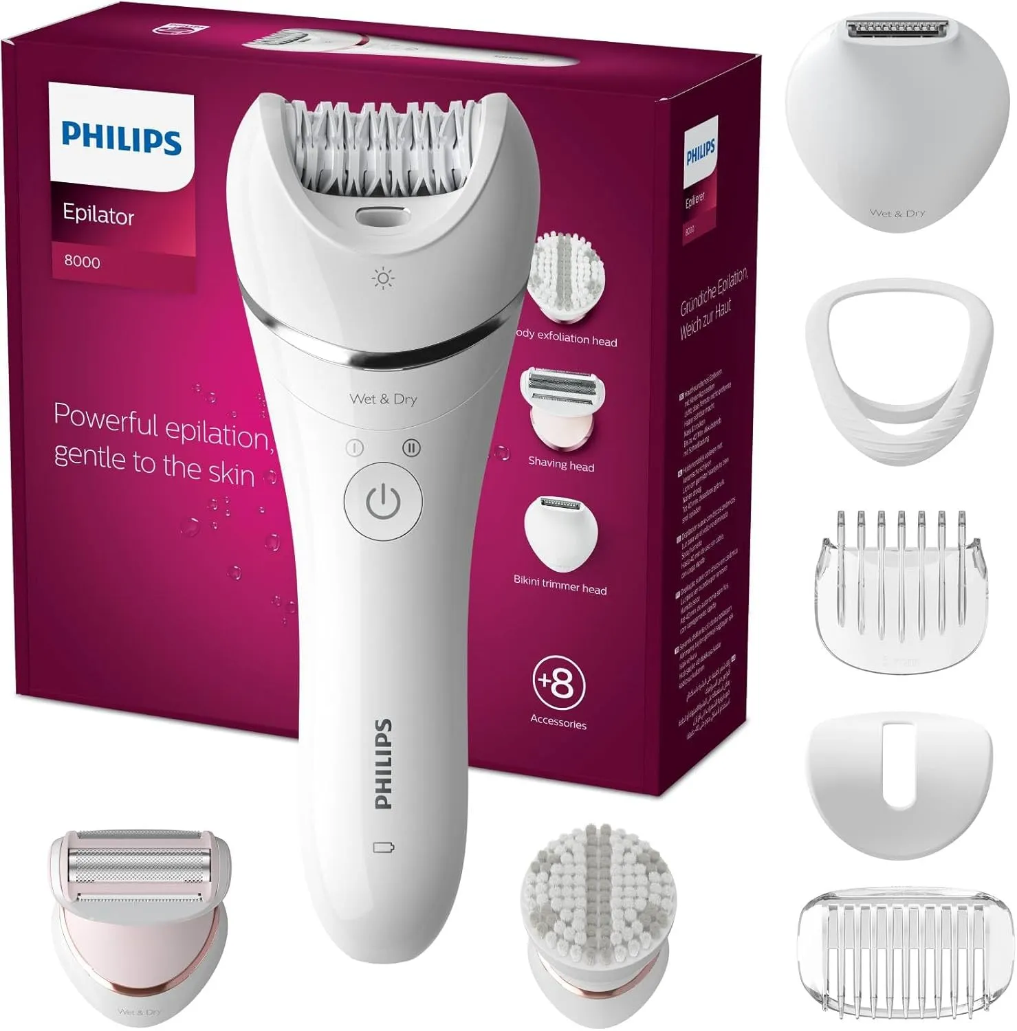 Philips Epilator Series 8000 Cordless Wet and Dry Epilator for Legs and Body, Hair Removal Device with 8 Accessories, R…