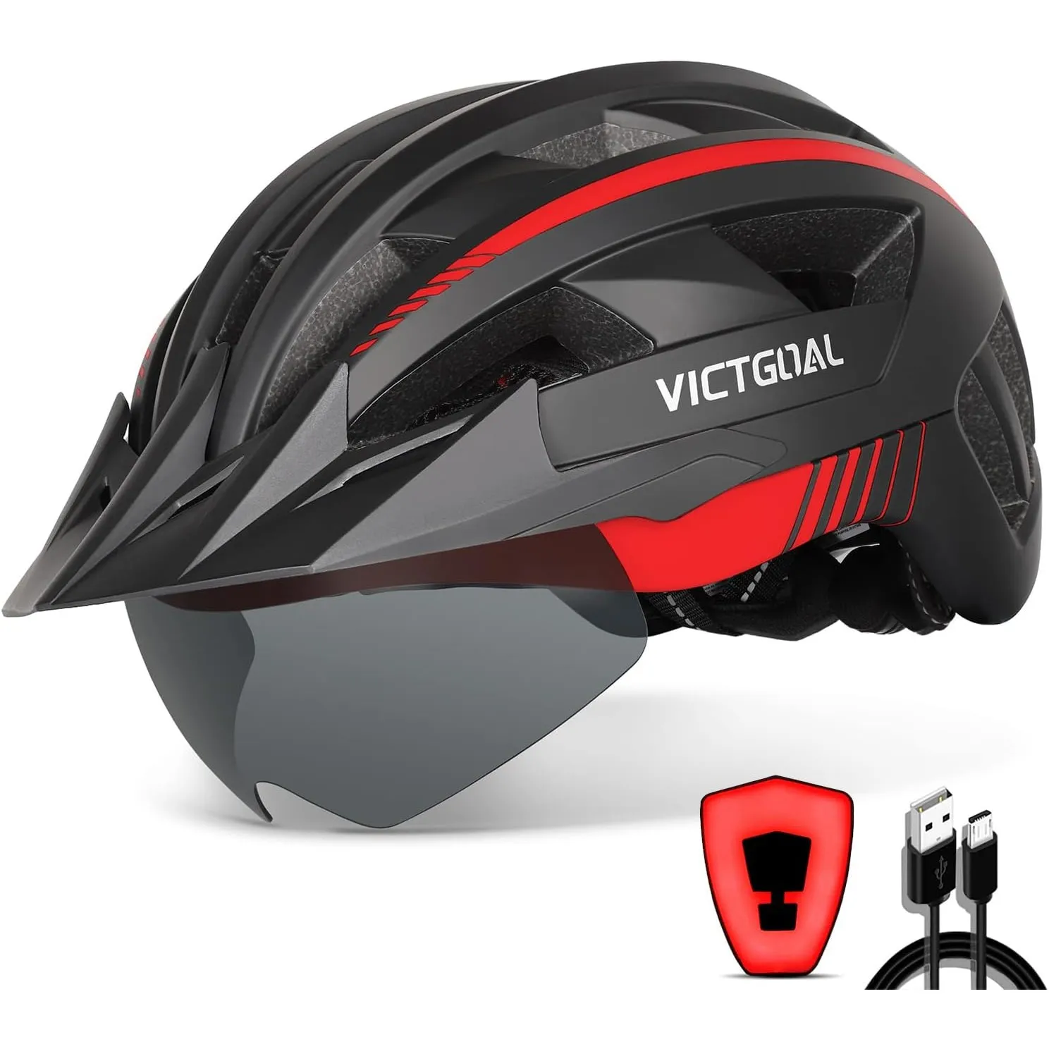 VICTGOAL Fahrradhelm Herren Damen mit Visier, USB Rücklicht, Magnetbrille | Aufladbares Rücklicht, Abnehmbares Visier, …