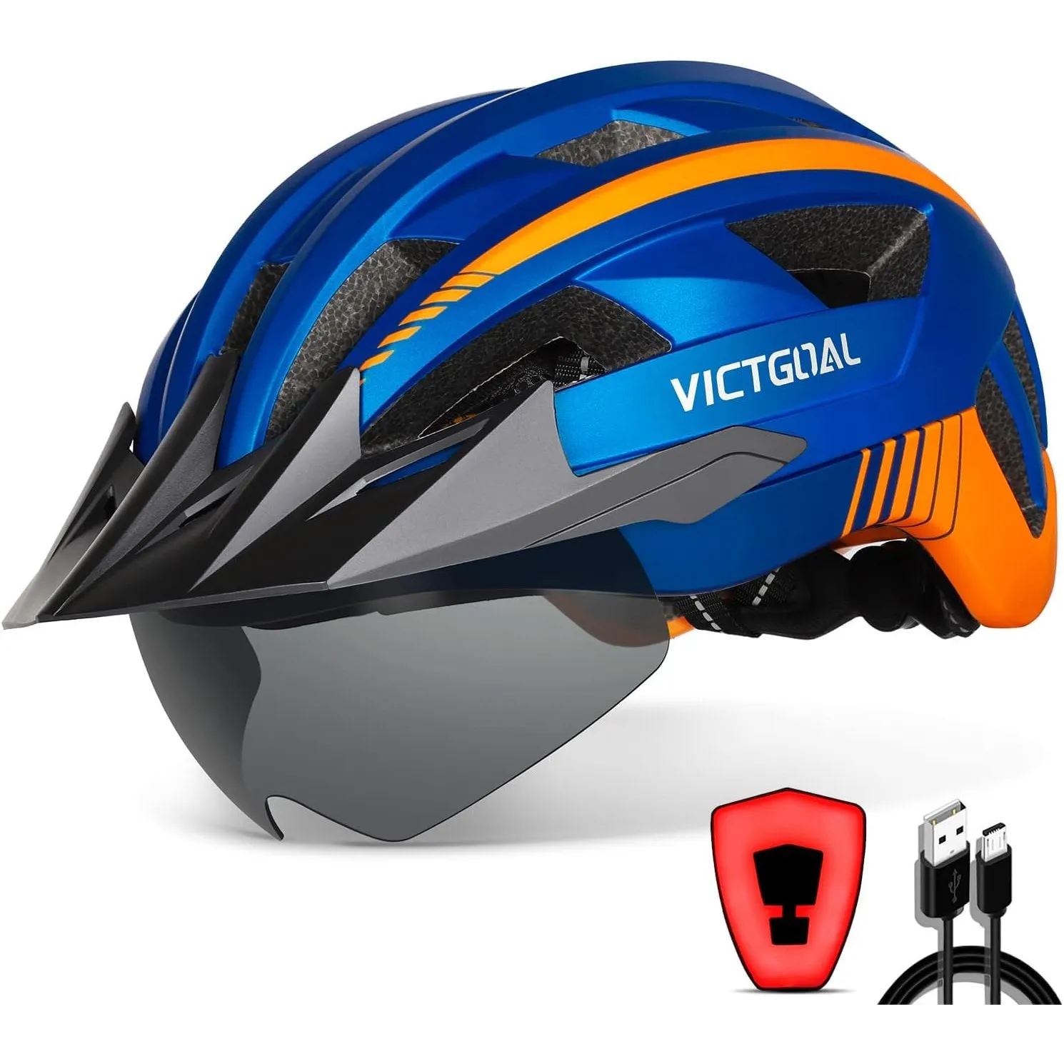 VICTGOAL Fahrradhelm Herren Damen mit Visier, USB Rücklicht, Magnetbrille