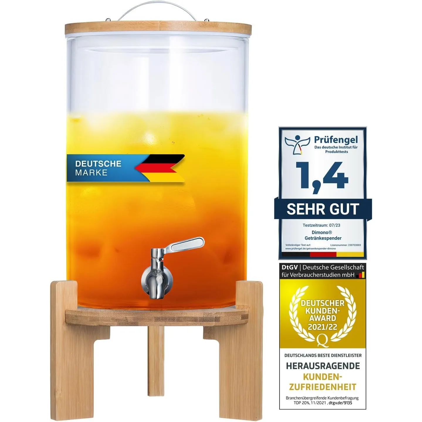 DIMONO® Getränkespender mit Zapfhahn 8L – Bowle Gefäß mit Bambus-Ständer