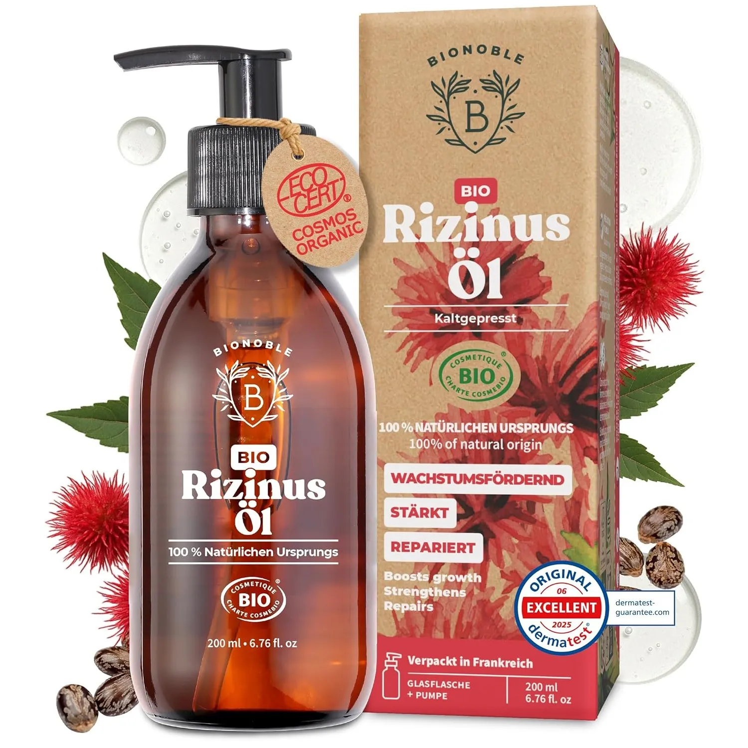 BIONOBLE Rizinusöl Kaltgepresst Bio - Haare, Wimpern, Augenbrauen - 200ml