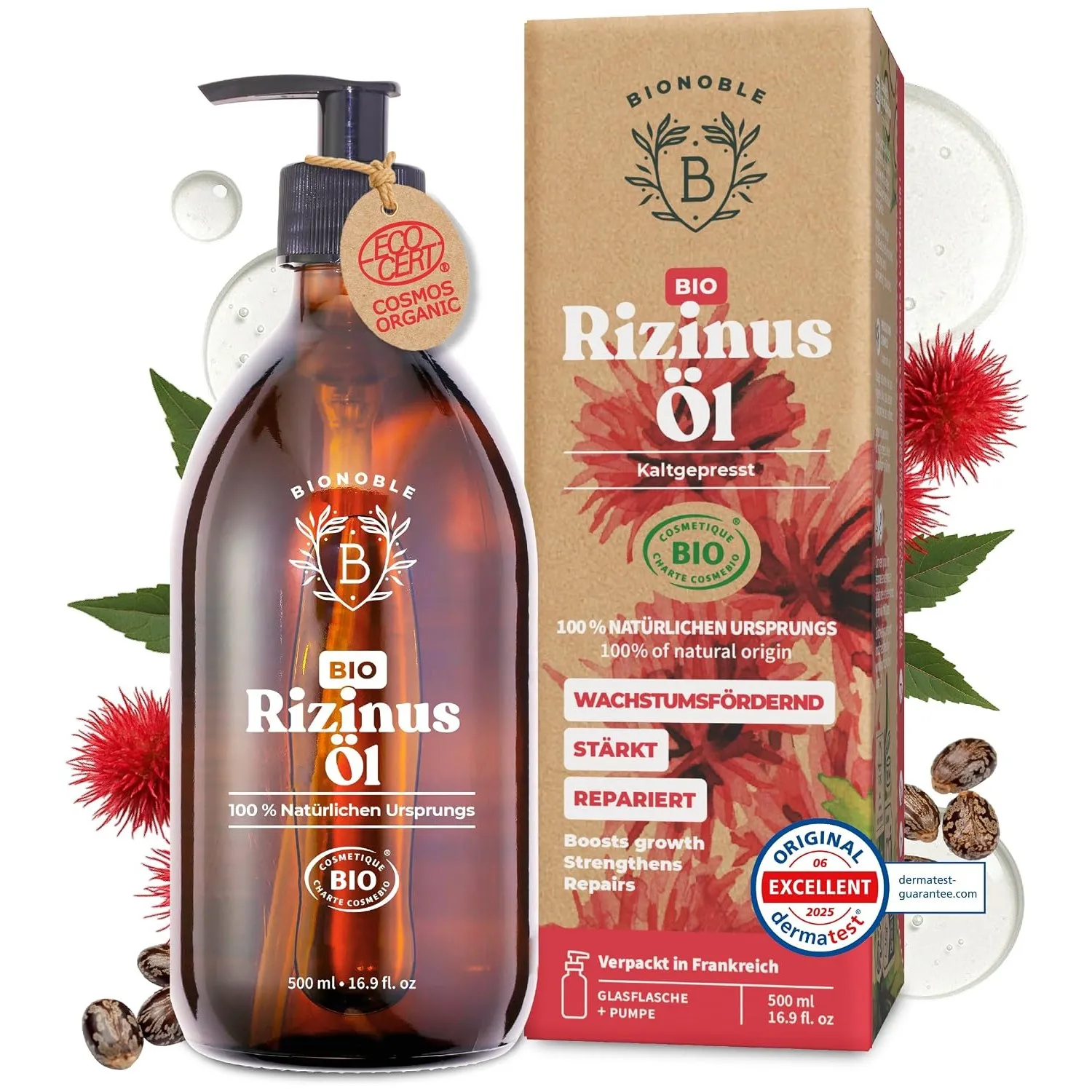 BIONOBLE Rizinusöl Kaltgepresst Bio - Haare, Wimpern, Augenbrauen - 500ml