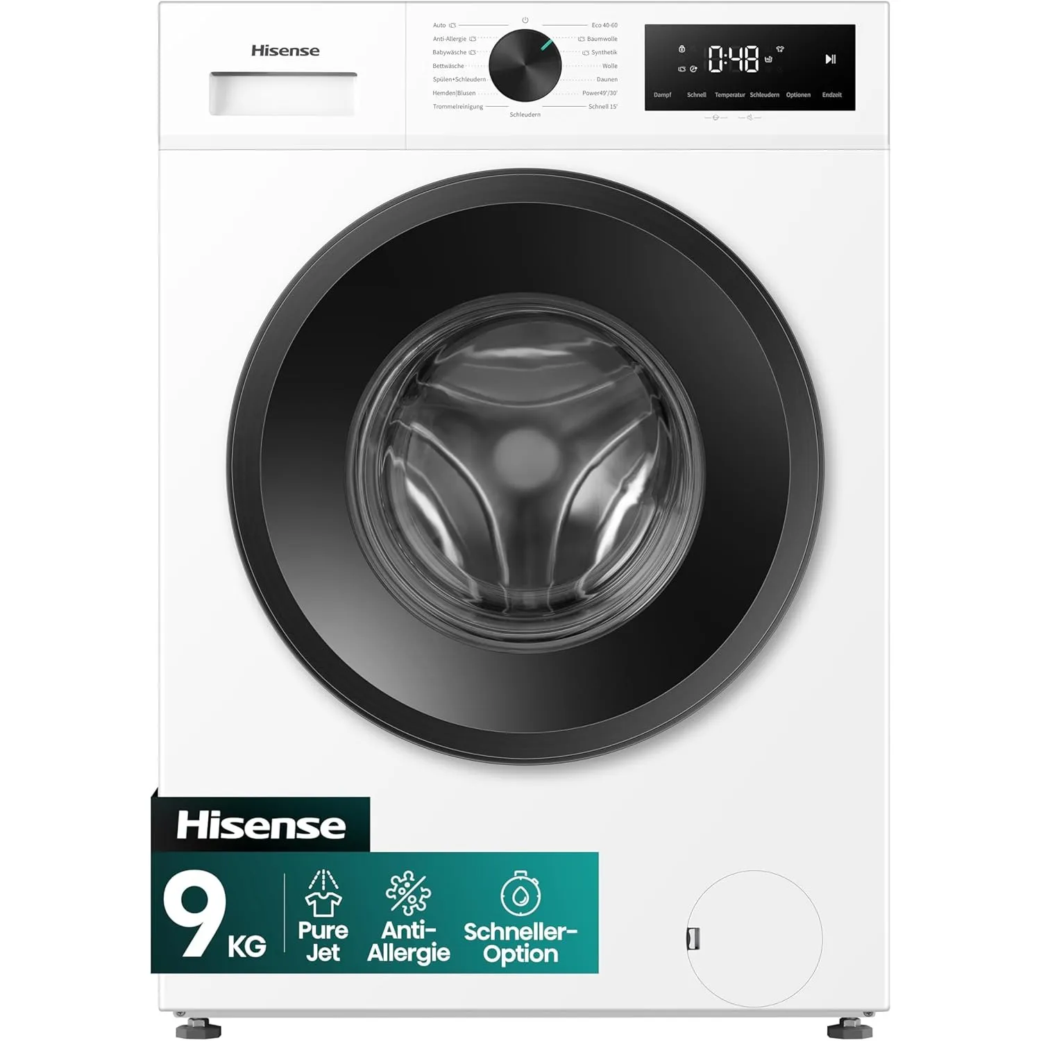 Hisense WF1I9042BWP Waschmische mit Dampffunktion, 9kg, 1400 U/Min, 15 Programme, TFT Farb-Display, 72 dB, Automix-Wasc…