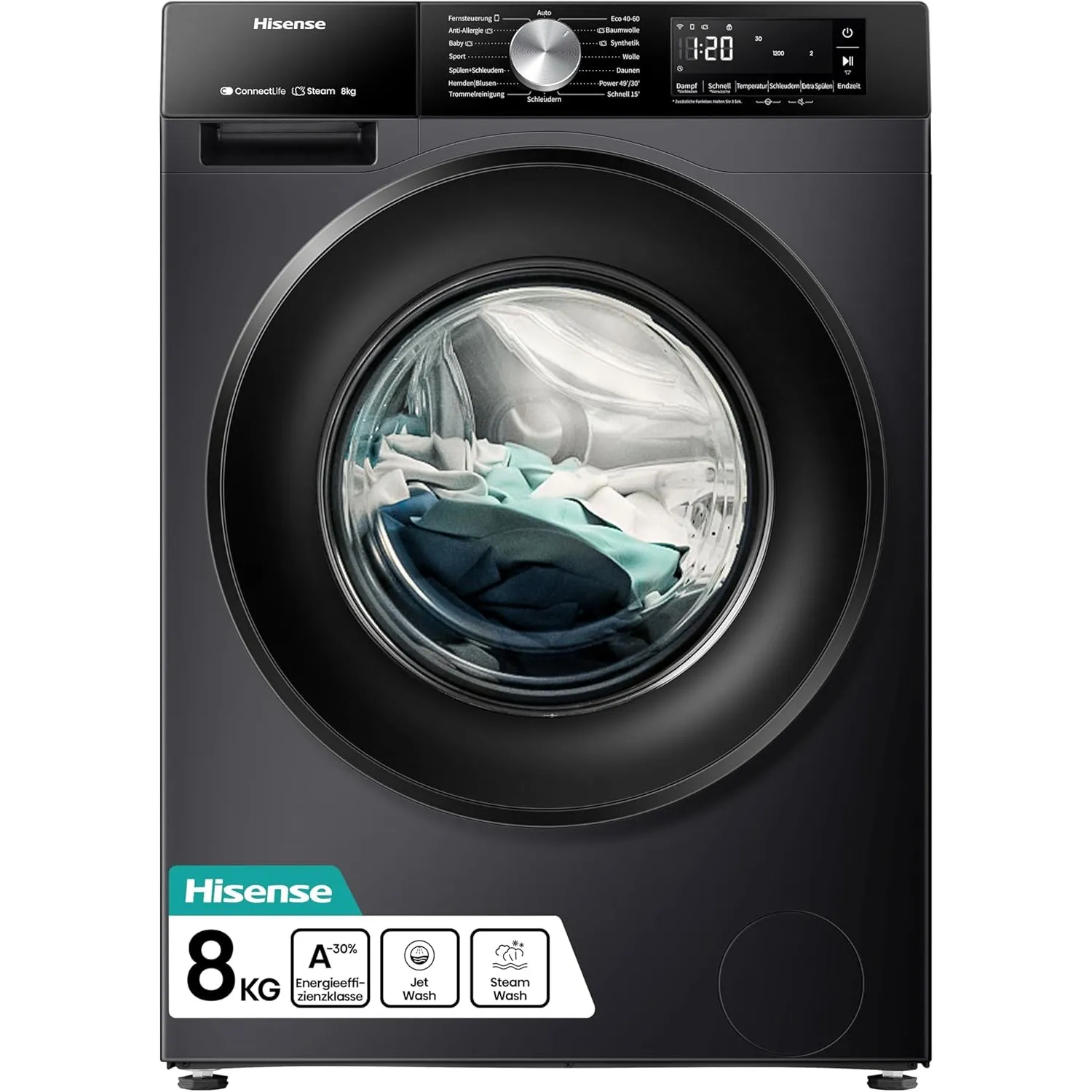 Hisense WF3S8043BB3 Waschmachine mit Dampffunkunktion, 8 kg, 1400 U,min, WIFI, ConnectLife, Power JetWash, Anti-Allergi…