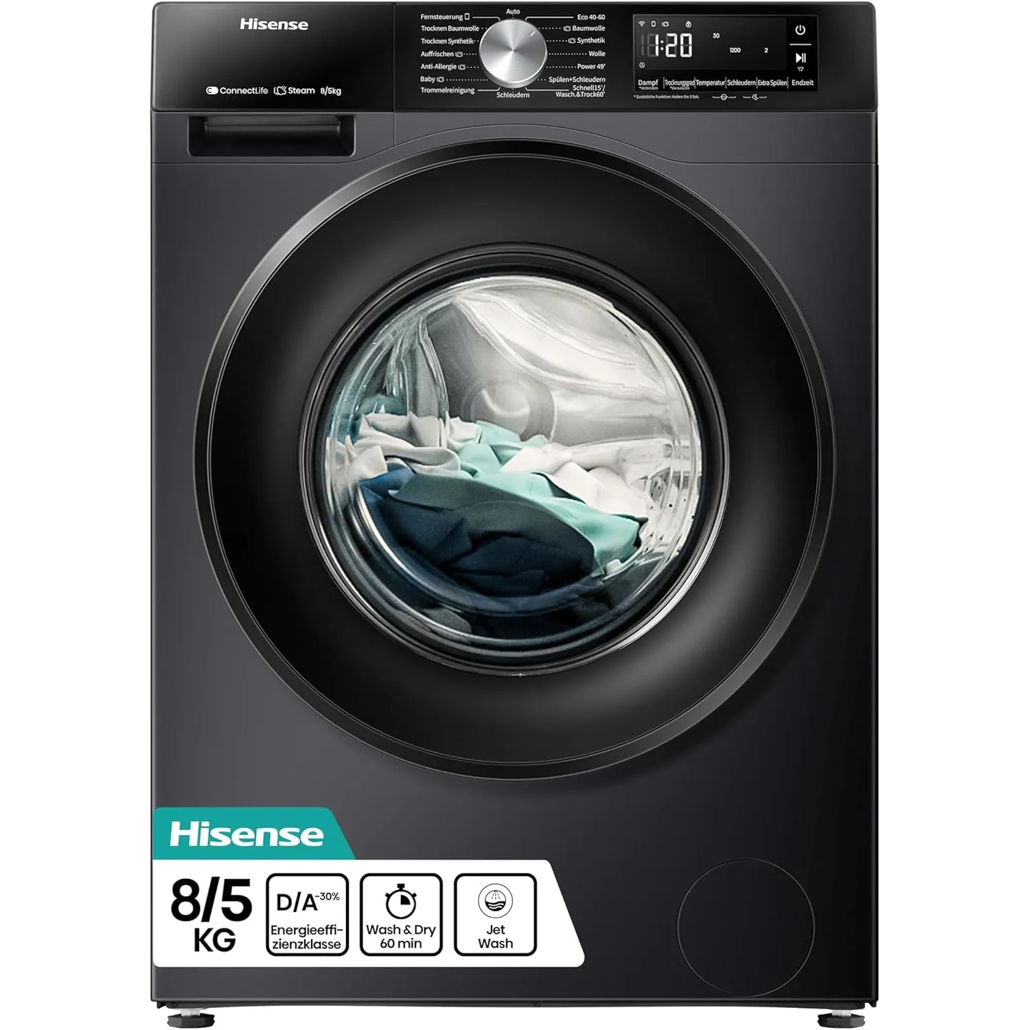 Hinsense WD3S8043BB3 Waschtrockner/ConnectLife /16 Programme /8 KG, 54 Liter /1400 U/min/Dampffunktion/JetWash/Anti-All…