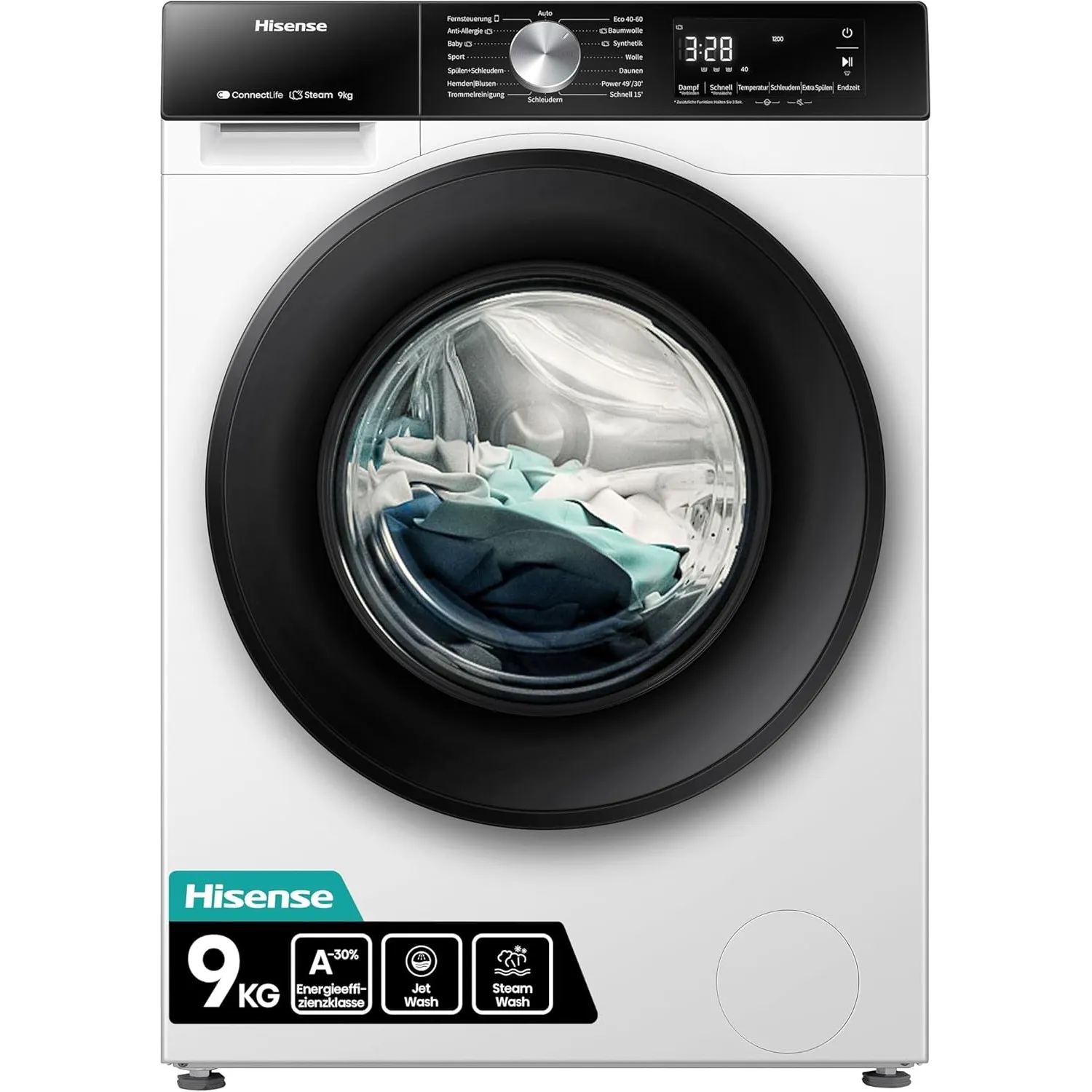Hisense WF3S9043BW3 Waschmachine mit Dampffunkunktion, 9 kg, 1400 U,min, WiFi, ConnectLife, Power JetWash, Anti-Allergi…