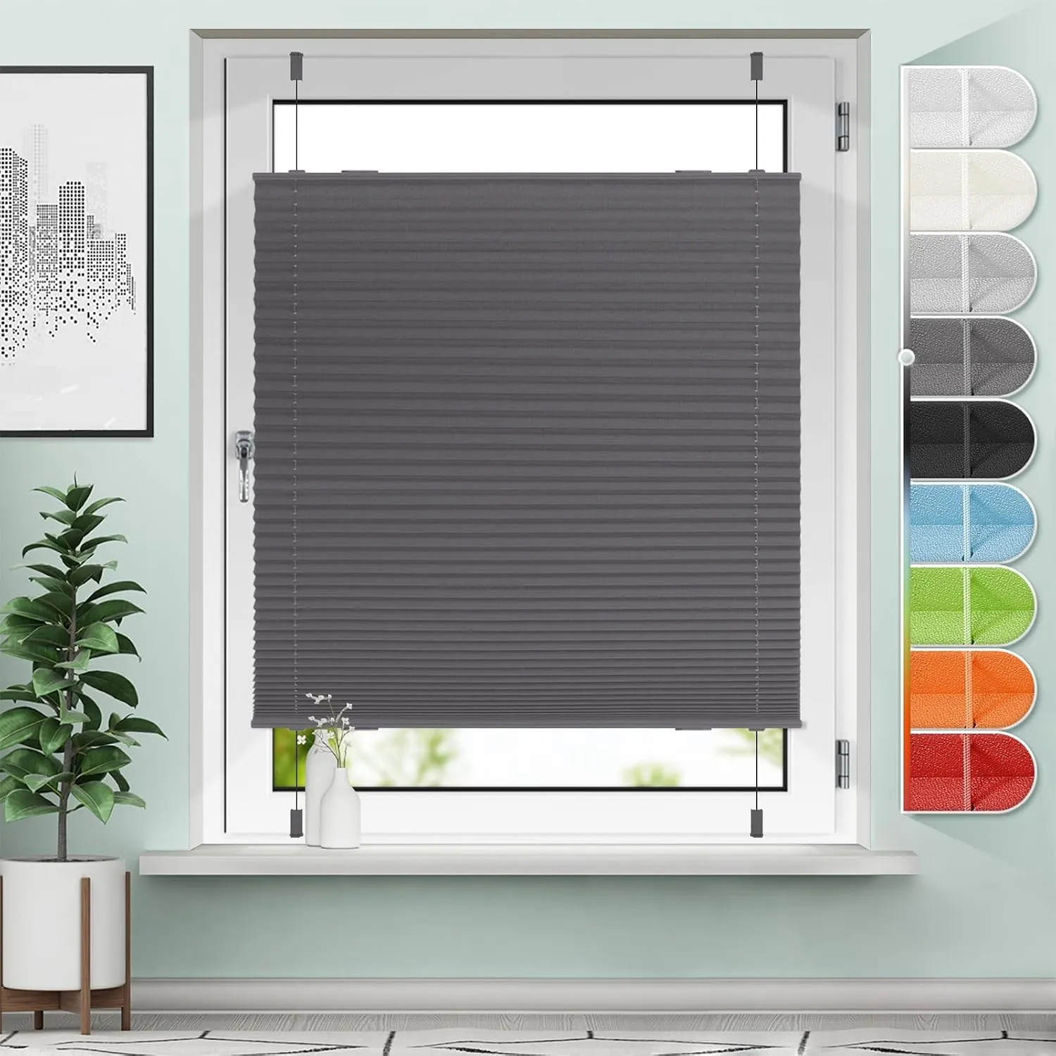 Sanfree Plissee Klemmfix Plisseerollo ohne Bohren Anthrazit B90 x H120cm inkl. Klemmträger Blickdicht und lichtdurchläs…