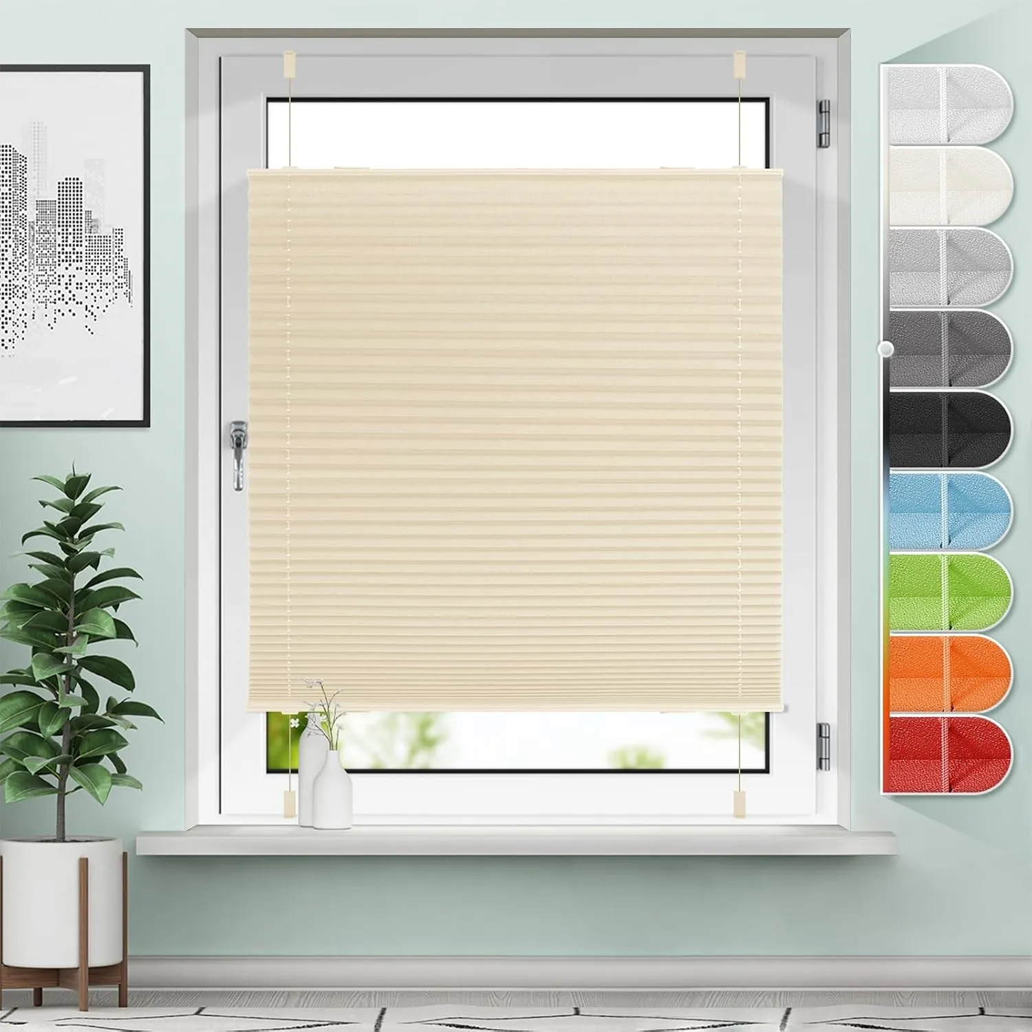 Sanfree Plissee Klemmfix Plisseerollo ohne Bohren Beige B60 x H120cm inkl. Klemmträger Blickdicht und lichtdurchlässig …