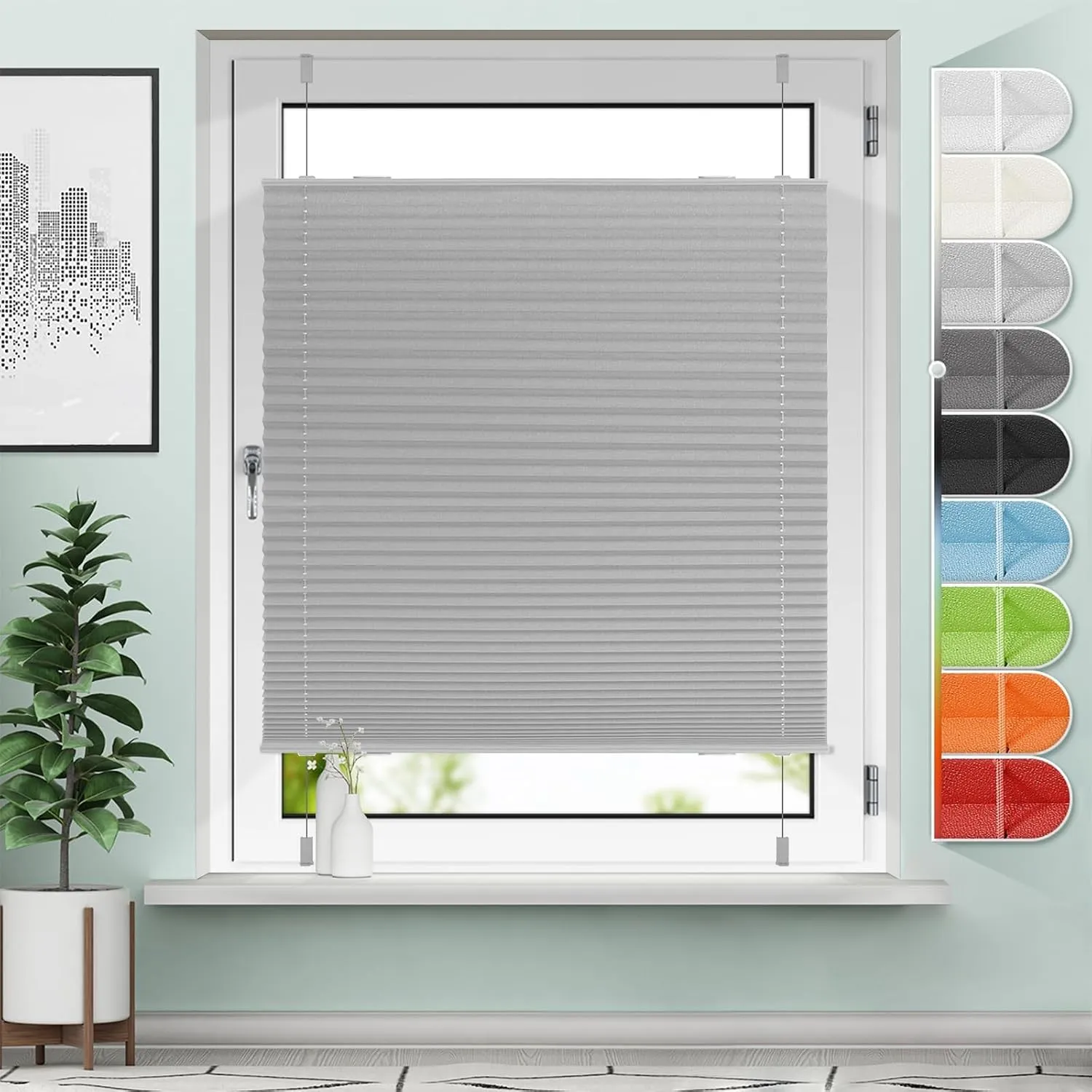 Sanfree Plissee Klemmfix Plisseerollo ohne Bohren Hellgrau B90 x H120cm inkl. Klemmträger Blickdicht und lichtdurchläss…